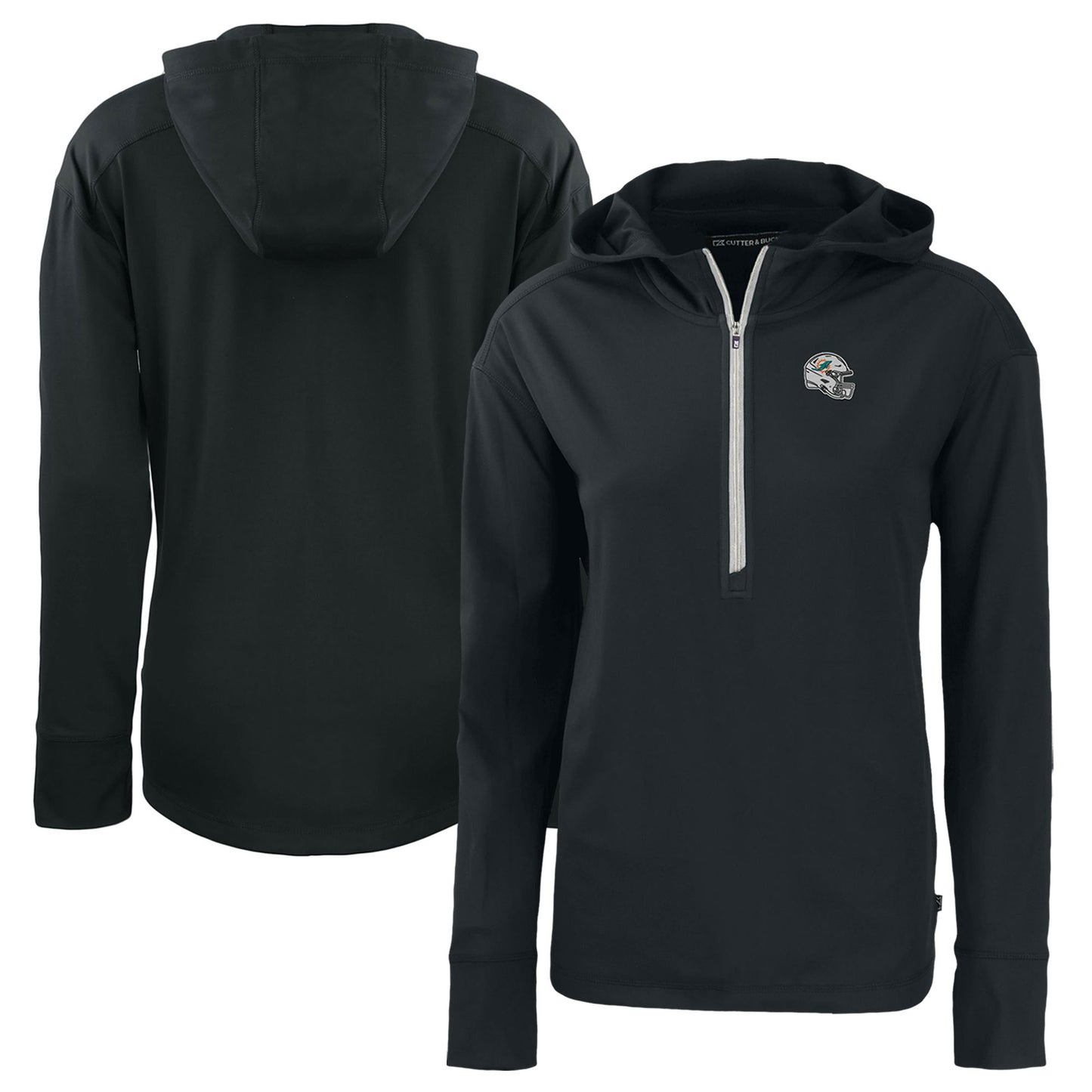 Women's Cutter & Buck Black Miami Dolphins Helmet Daybreak Eco Recycled Half-Zip Hoodie