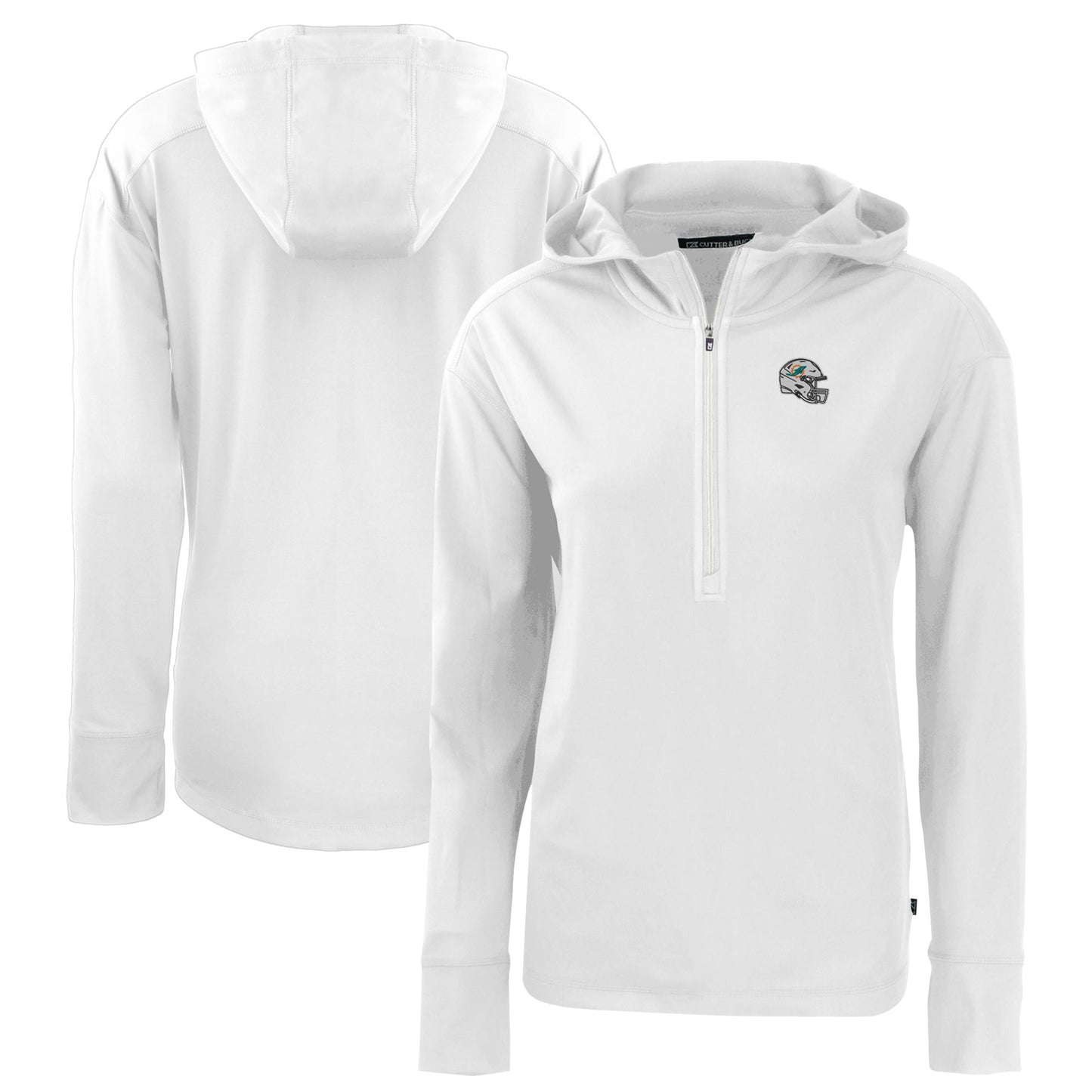 Women's Cutter & Buck White Miami Dolphins Helmet Daybreak Eco Recycled Half-Zip Hoodie
