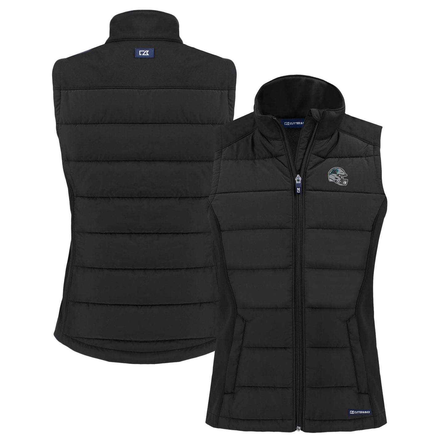 Women's Cutter & Buck Black Carolina Panthers Helmet Evoke Hybrid Eco Softshell Recycled Full-Zip Vest