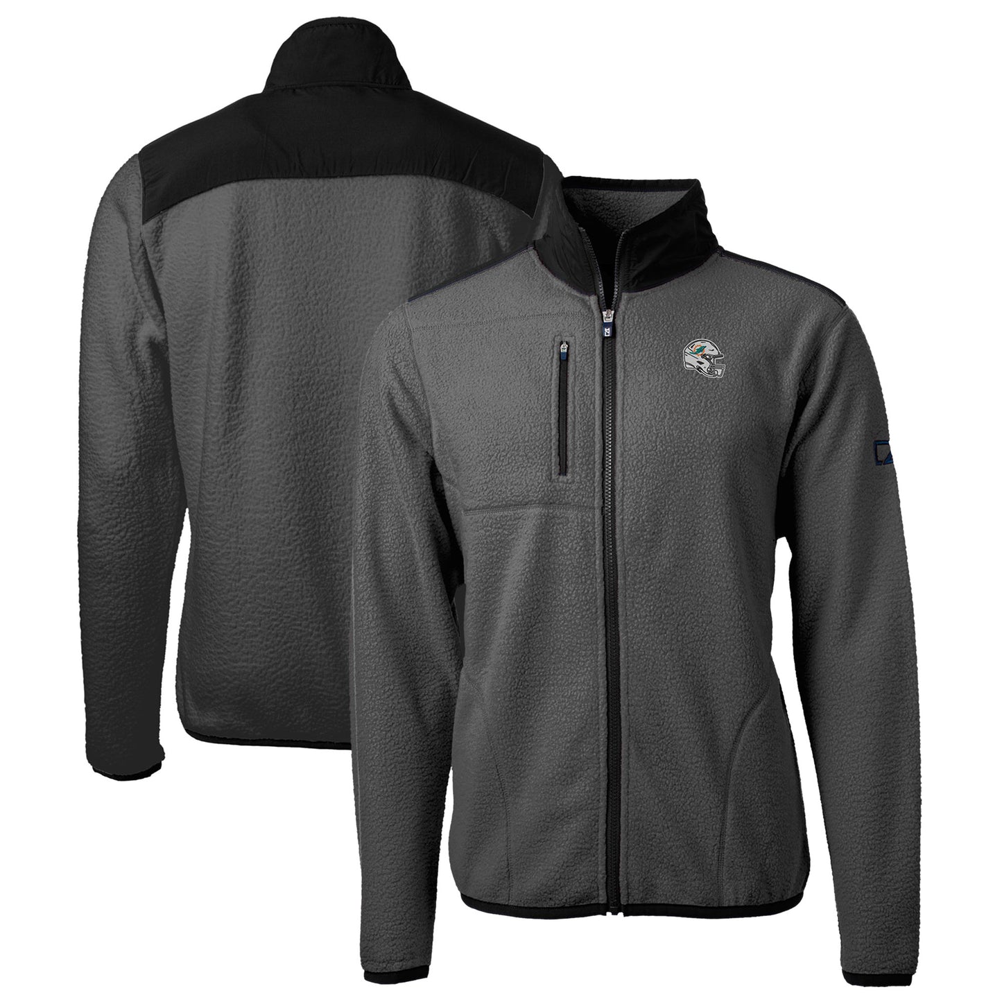 Men's Cutter & Buck Gray/Black Miami Dolphins Helmet Cascade Eco Sherpa Fleece Full-Zip Jacket