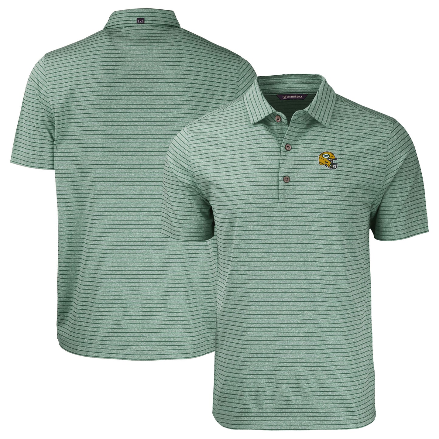 Men's Cutter & Buck Heather Green Green Bay Packers Helmet Forge Eco Heather Stripe Stretch Recycled Polo