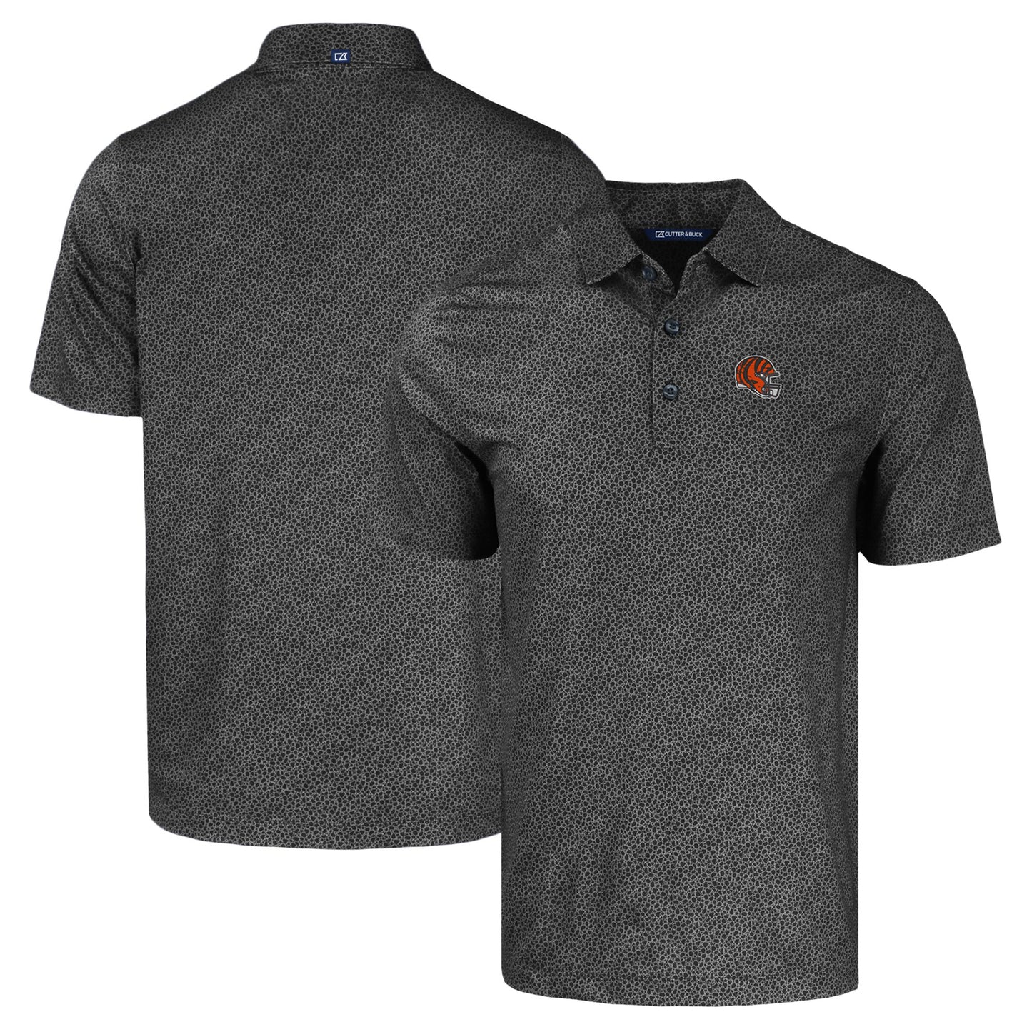 Men's Cutter & Buck Black Cincinnati Bengals Helmet Pike Eco Pebble Print Stretch Recycled Polo