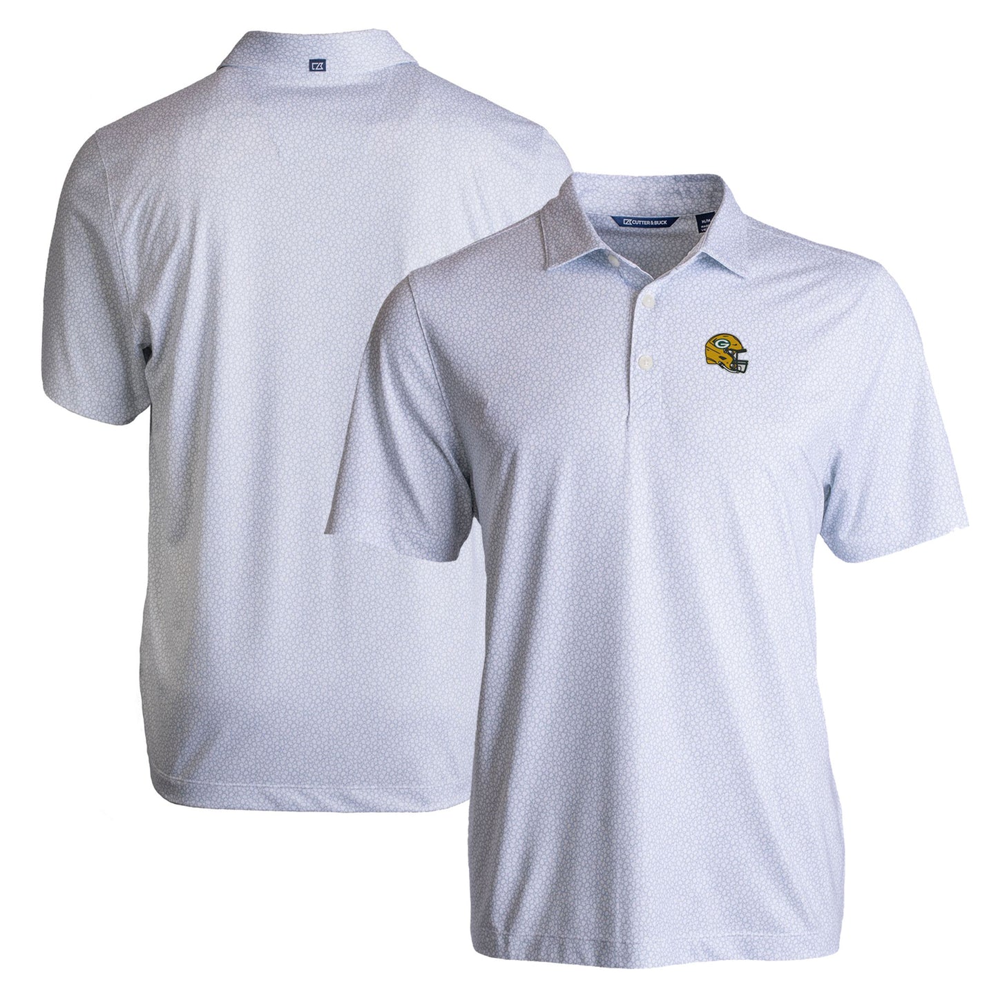 Men's Cutter & Buck White Green Bay Packers Helmet Pike Eco Pebble Print Stretch Recycled Polo