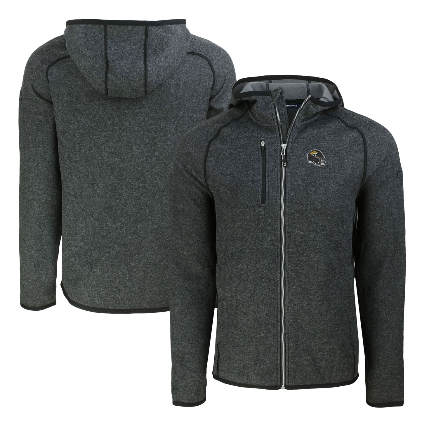 Men's Cutter & Buck Heather Charcoal Jacksonville Jaguars Helmet Mainsail Sweater-Knit Full-Zip Hoodie