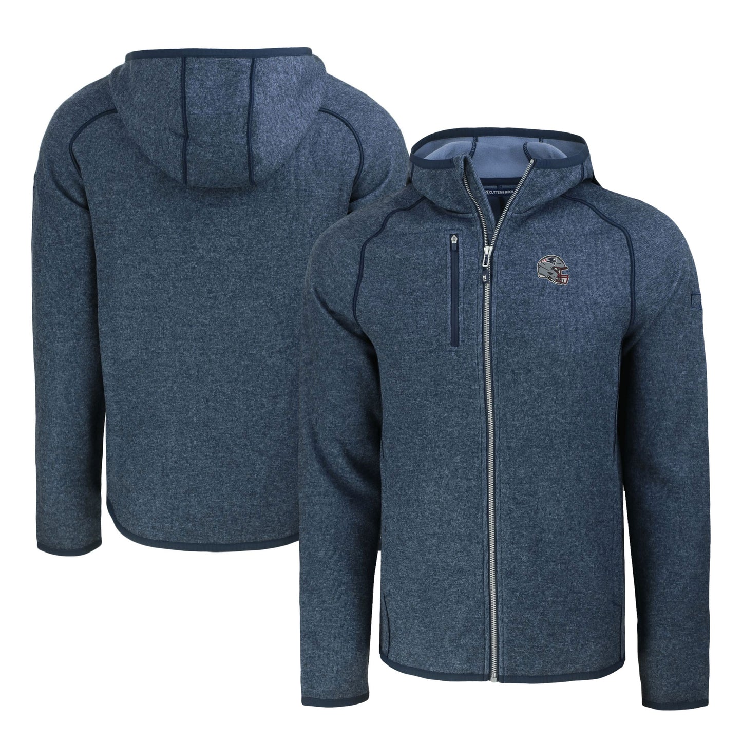 Men's Cutter & Buck Heather Navy New England Patriots Helmet Mainsail Sweater-Knit Full-Zip Hoodie