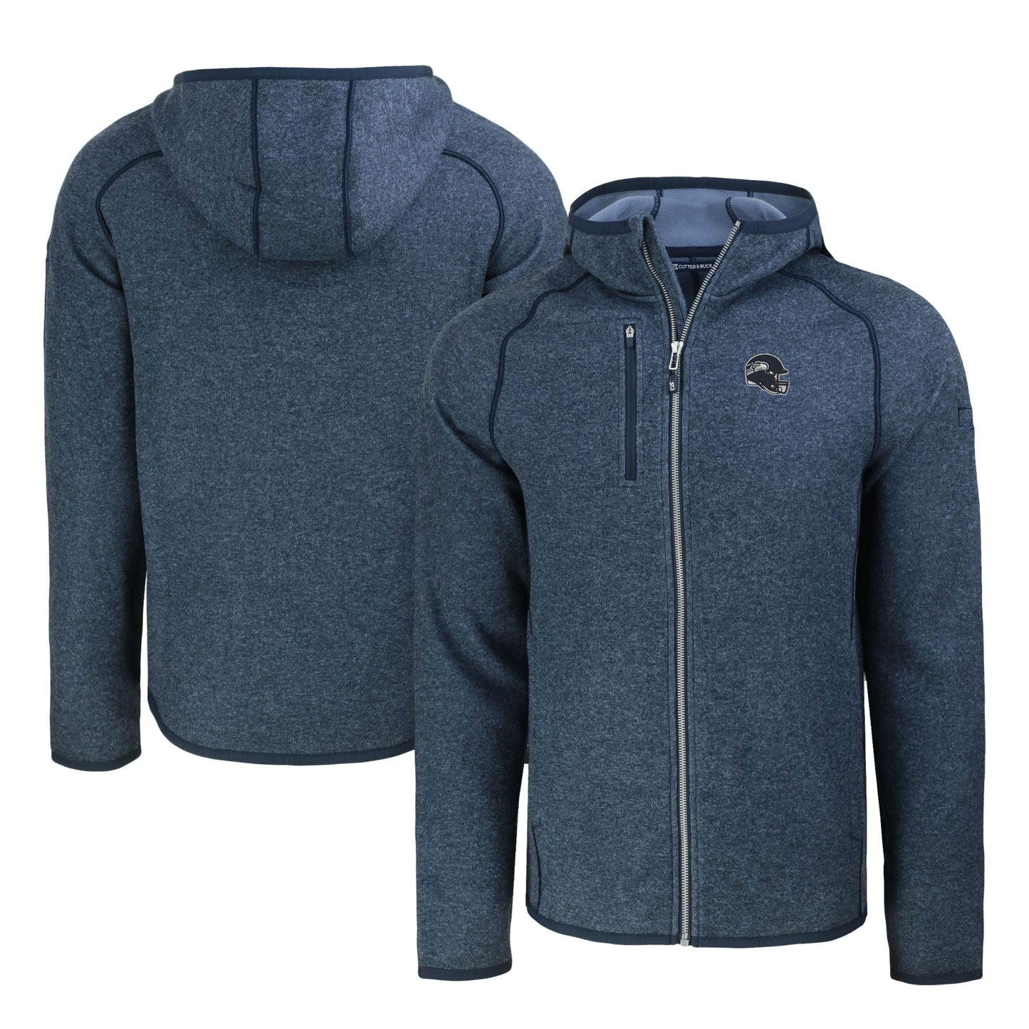 Men's Cutter & Buck Heather Navy Seattle Seahawks Helmet Mainsail Sweater-Knit Full-Zip Hoodie