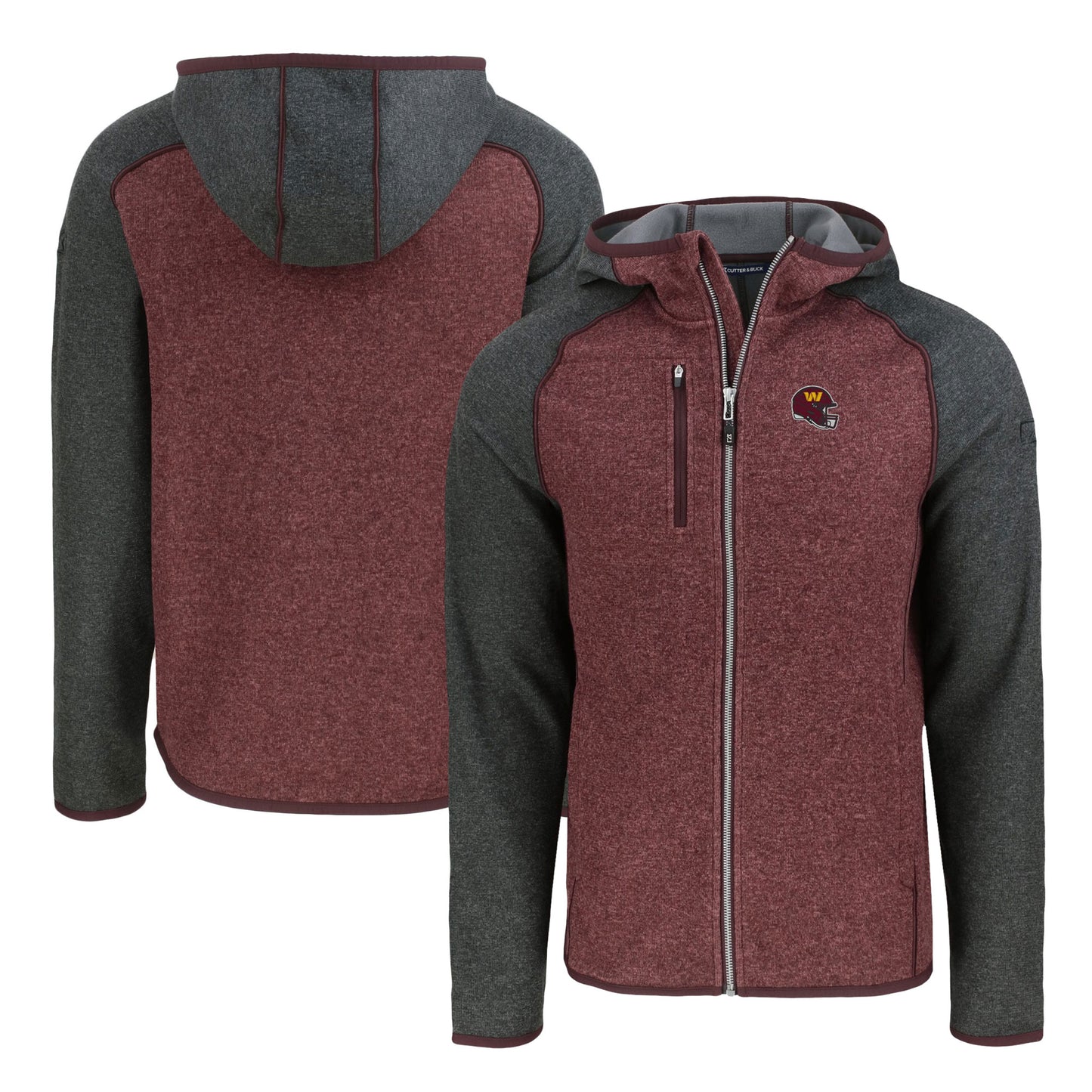 Men's Cutter & Buck Burgundy/Heather Charcoal Washington Commanders Helmet Mainsail Sweater-Knit Full-Zip Hoodie