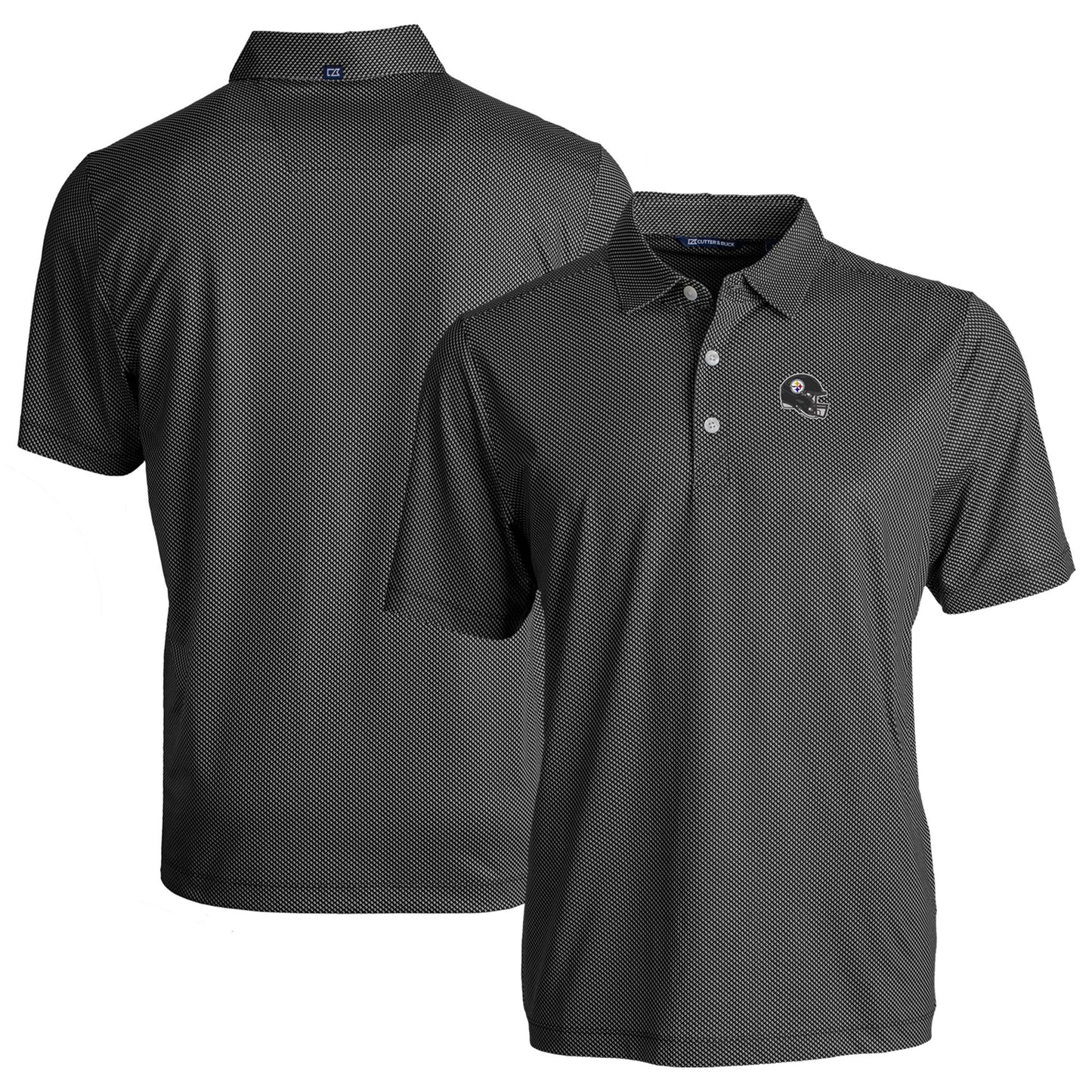 Men's Cutter & Buck Black/White Pittsburgh Steelers Helmet Big & Tall Pike Eco Symmetry Print Stretch Recycled Polo
