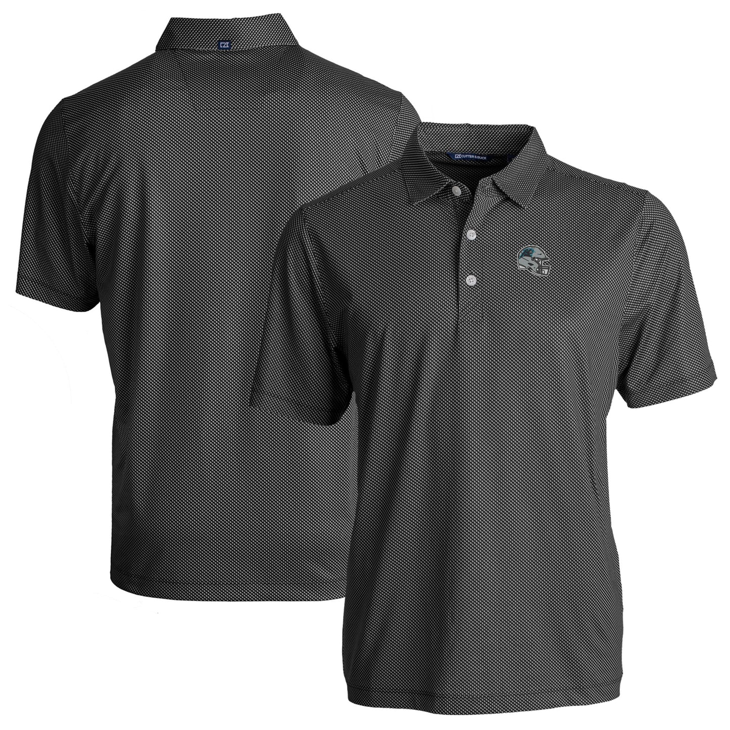 Men's Cutter & Buck Black Carolina Panthers Helmet Big & Tall Pike Eco Symmetry Print Stretch Recycled Polo