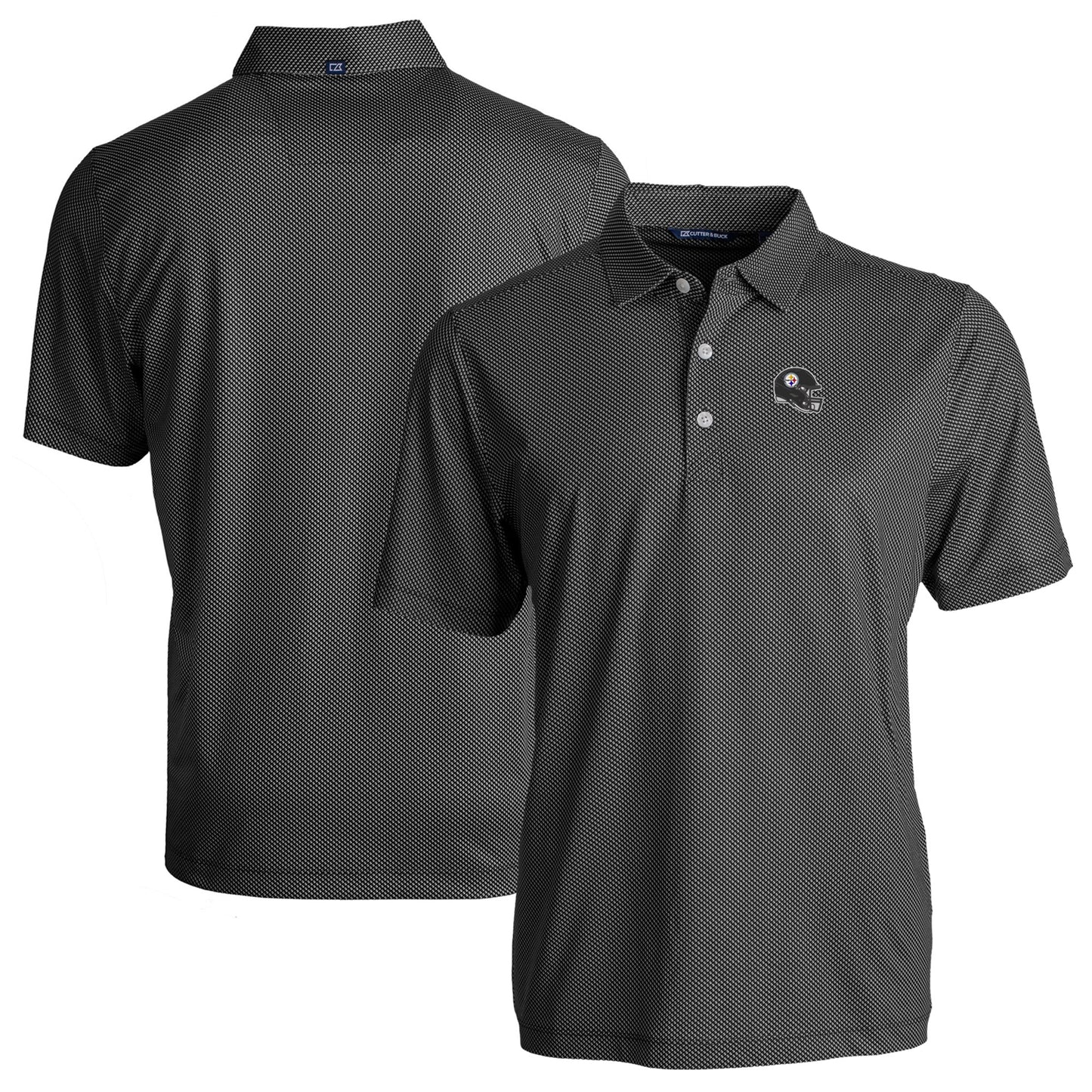 Men's Cutter & Buck Black Pittsburgh Steelers Helmet Big & Tall Pike Eco Symmetry Print Stretch Recycled Polo