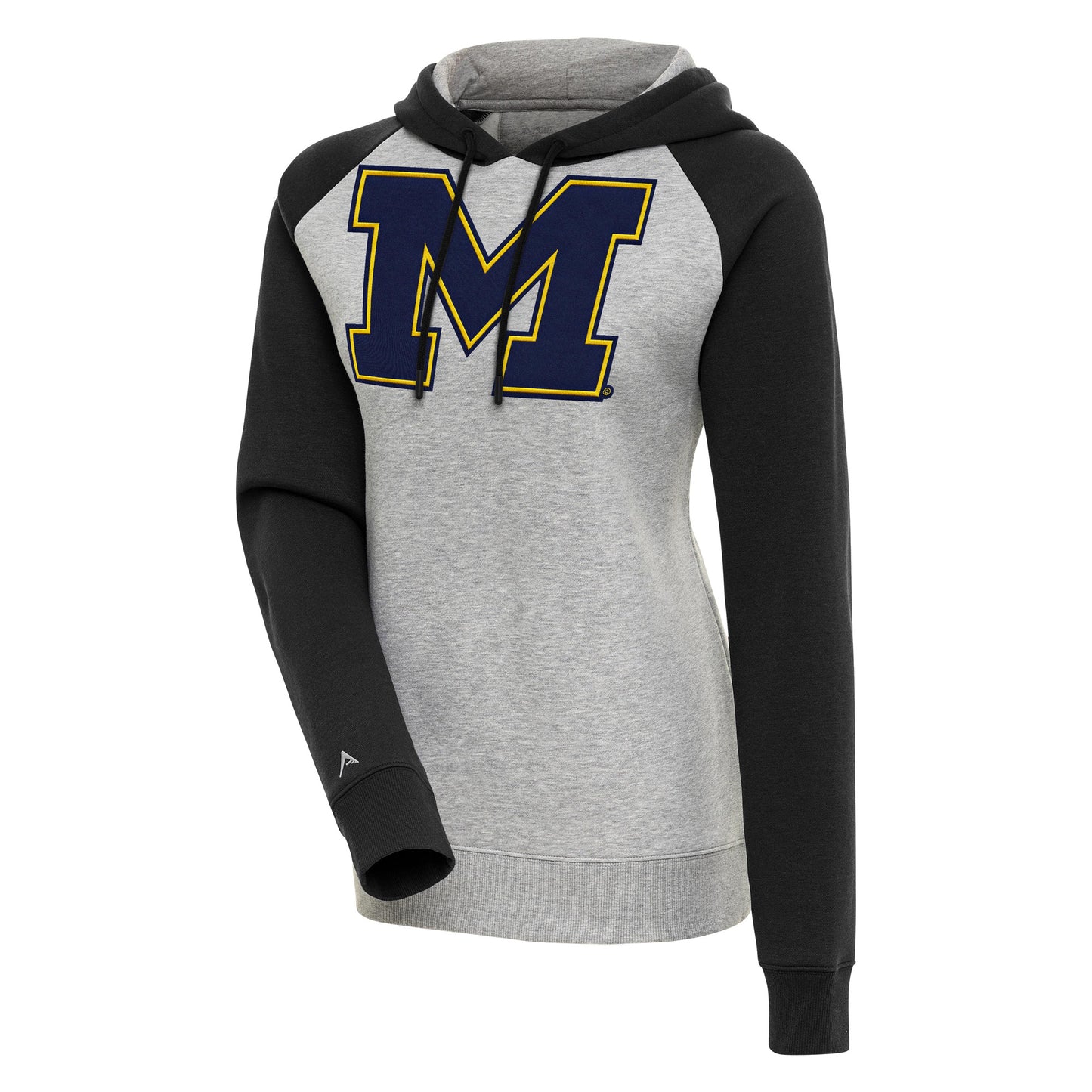 Women's Antigua Heather Gray/Black Michigan Wolverines Victory Raglan Sleeve Pullover Hoodie