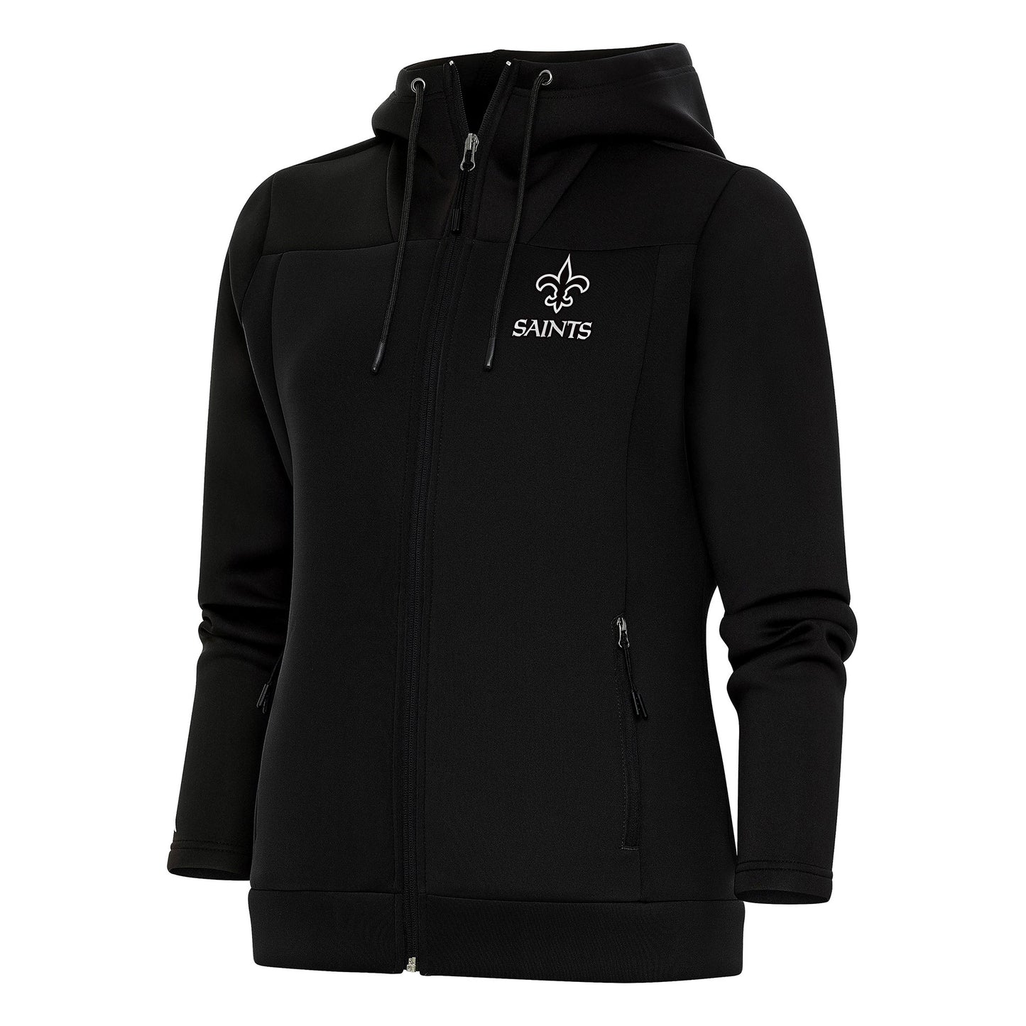 Women's Antigua Black New Orleans Saints Brushed Metallic Protect Full-Zip Hoodie