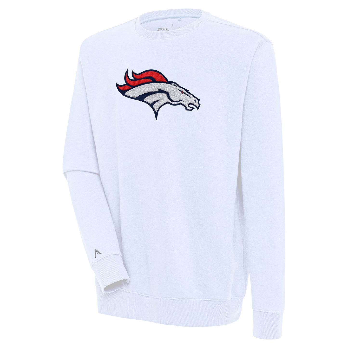 Men's Antigua White Denver Broncos Victory Crewneck Pullover Sweatshirt