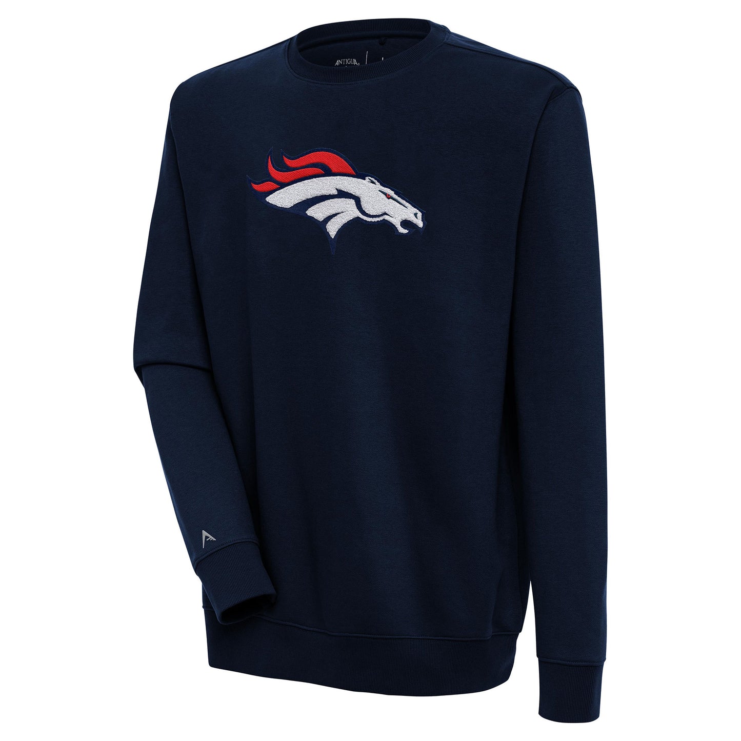 Men's Antigua Navy Denver Broncos Victory Crewneck Pullover Sweatshirt