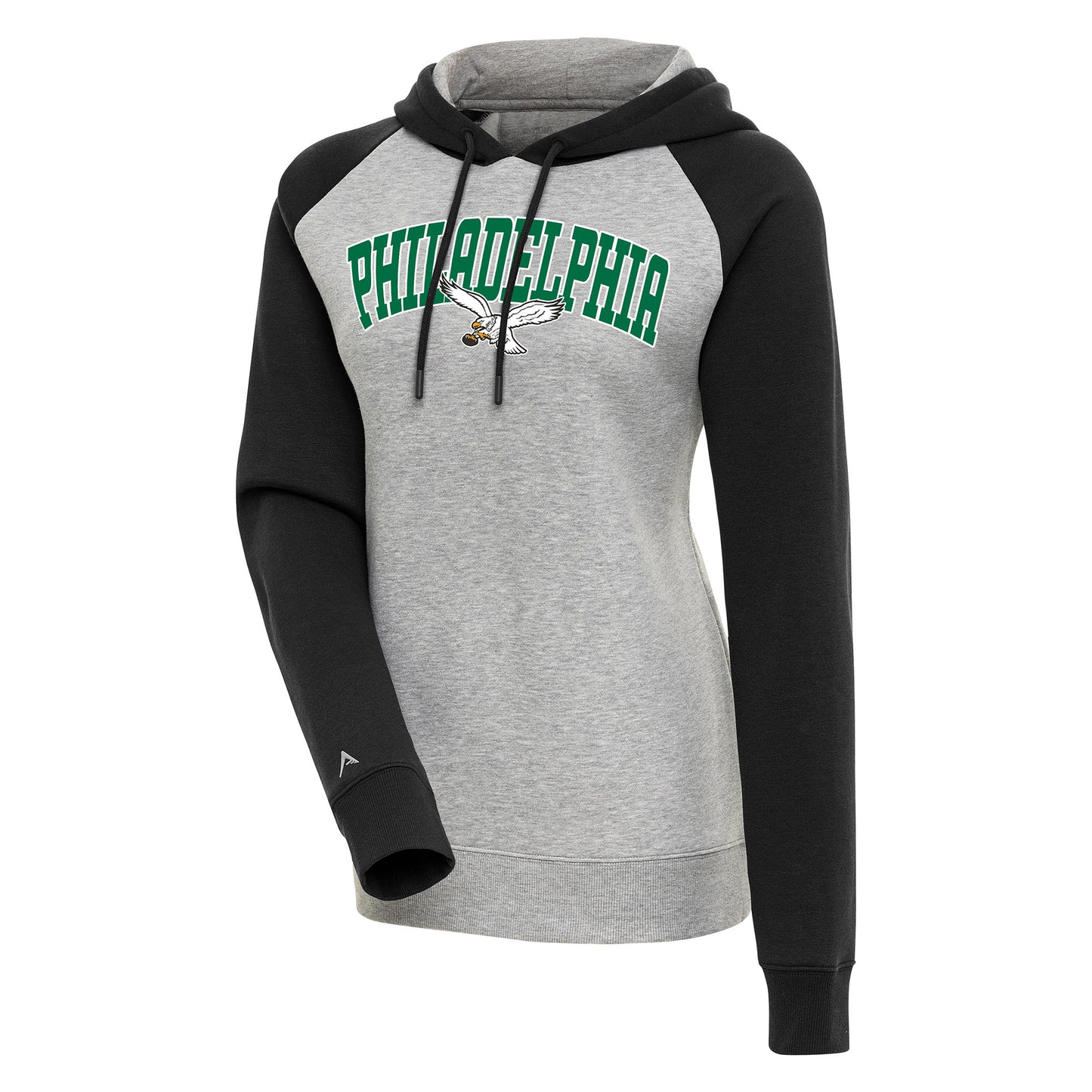 Women's Antigua Heather Gray/Black Philadelphia Eagles Victory Raglan Sleeve Chenille Pullover Hoodie