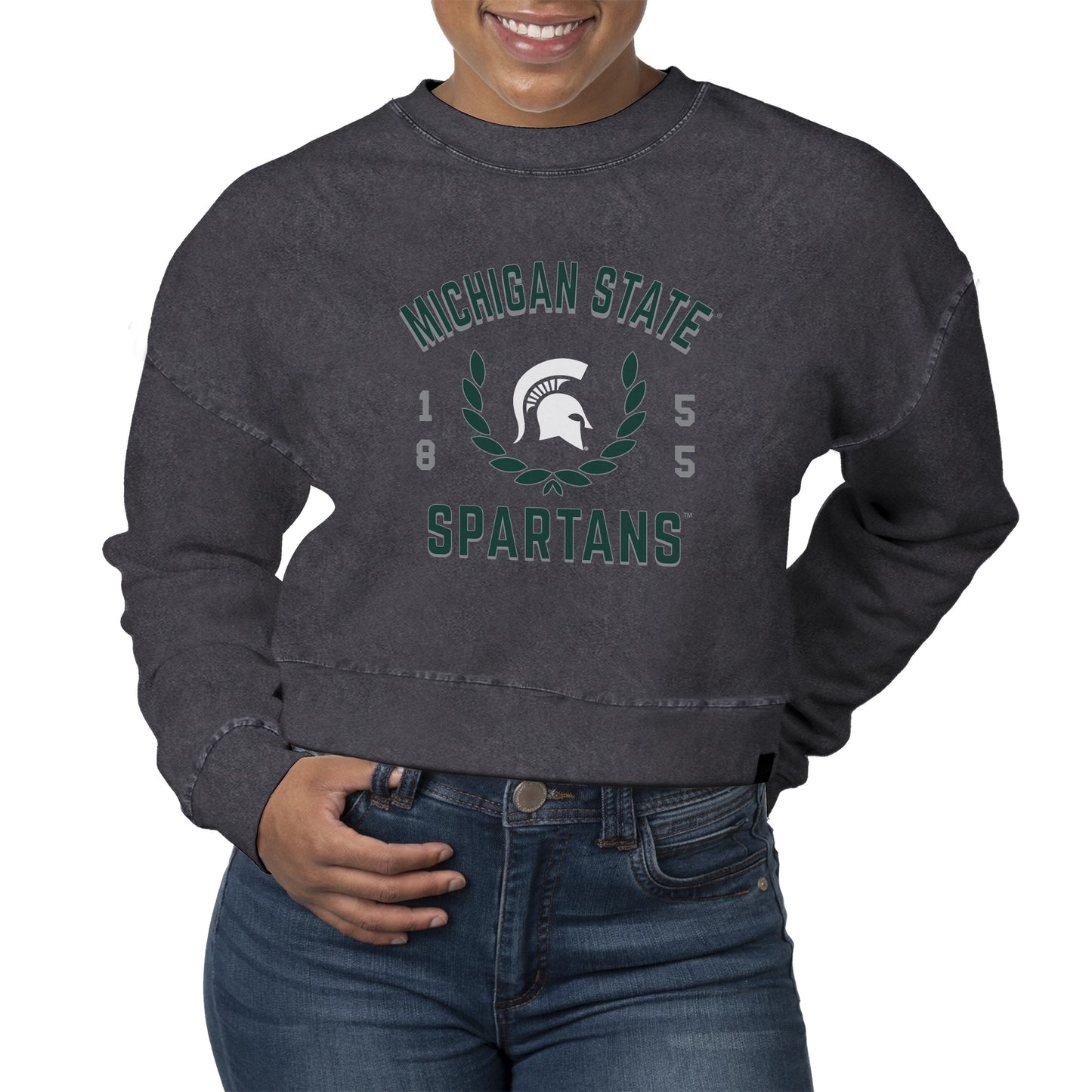 Women's Uscape Apparel Black Michigan State Spartans Laurels Fleece Crop Pullover Sweatshirt