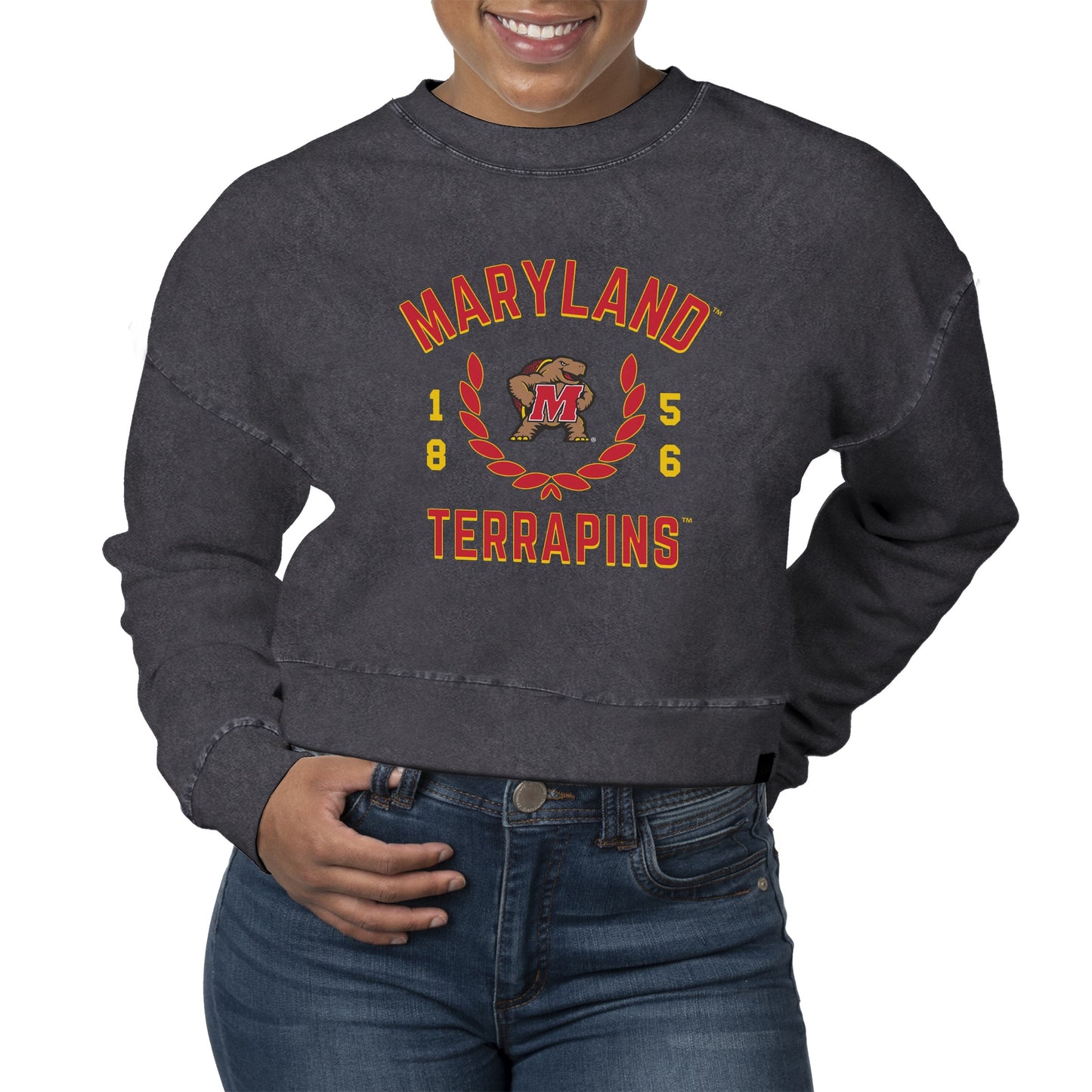 Women's Uscape Apparel Black Maryland Terrapins Laurels Fleece Crop Pullover Sweatshirt