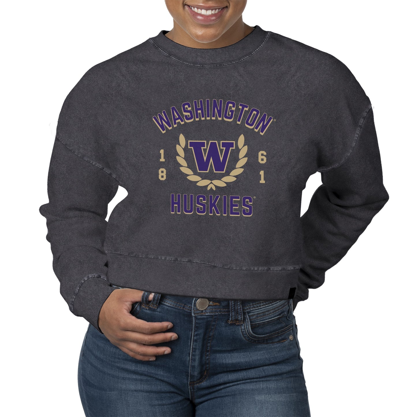 Women's Uscape Apparel Black Washington Huskies Laurels Fleece Crop Pullover Sweatshirt