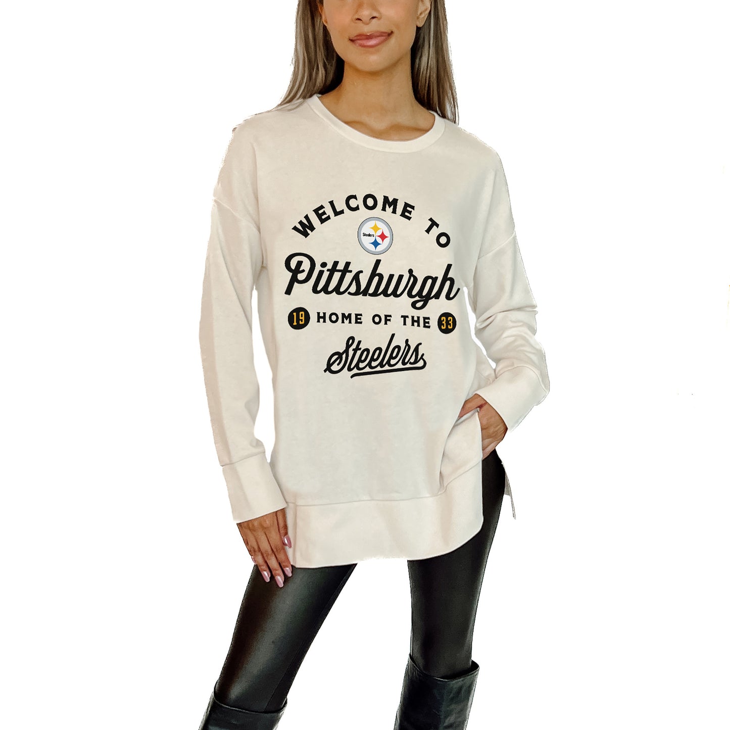Women's Gameday Couture White Pittsburgh Steelers Offside French Terry Side-Slit Sweatshirt