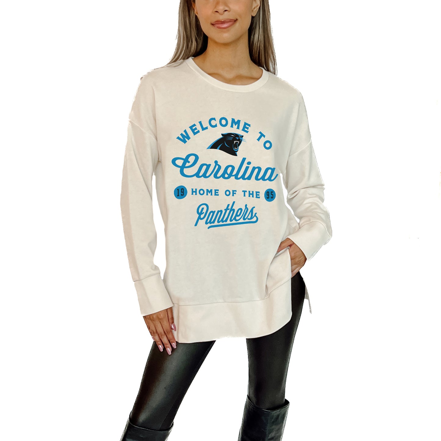 Women's Gameday Couture White Carolina Panthers Offside French Terry Side-Slit Sweatshirt
