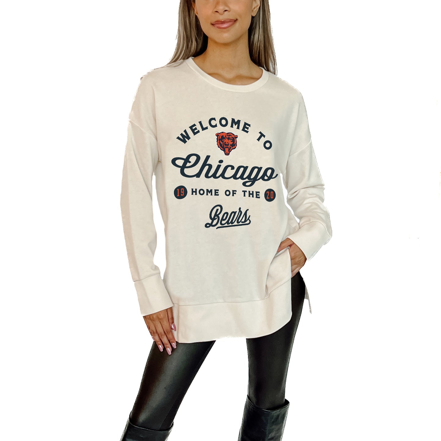 Women's Gameday Couture White Chicago Bears Offside French Terry Side-Slit Sweatshirt
