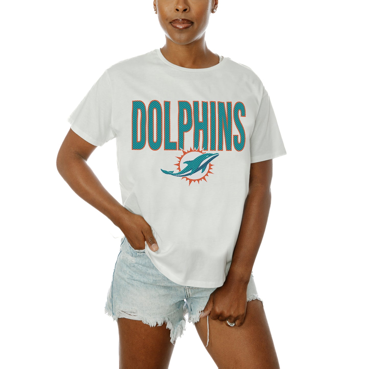 Women's Gameday Couture White Miami Dolphins Keep It Up T-Shirt