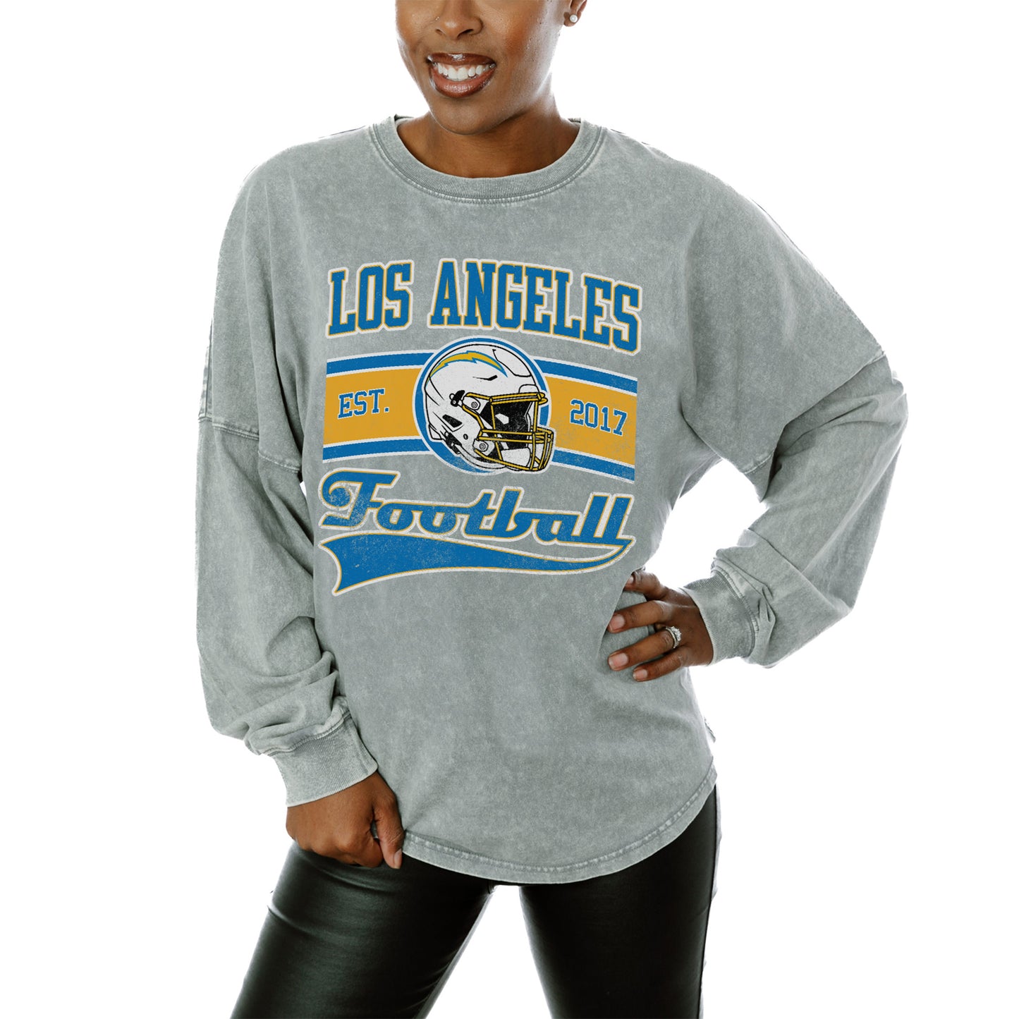 Women's Gameday Couture Gray Los Angeles Chargers Snow Wash Oversized Long Sleeve T-Shirt