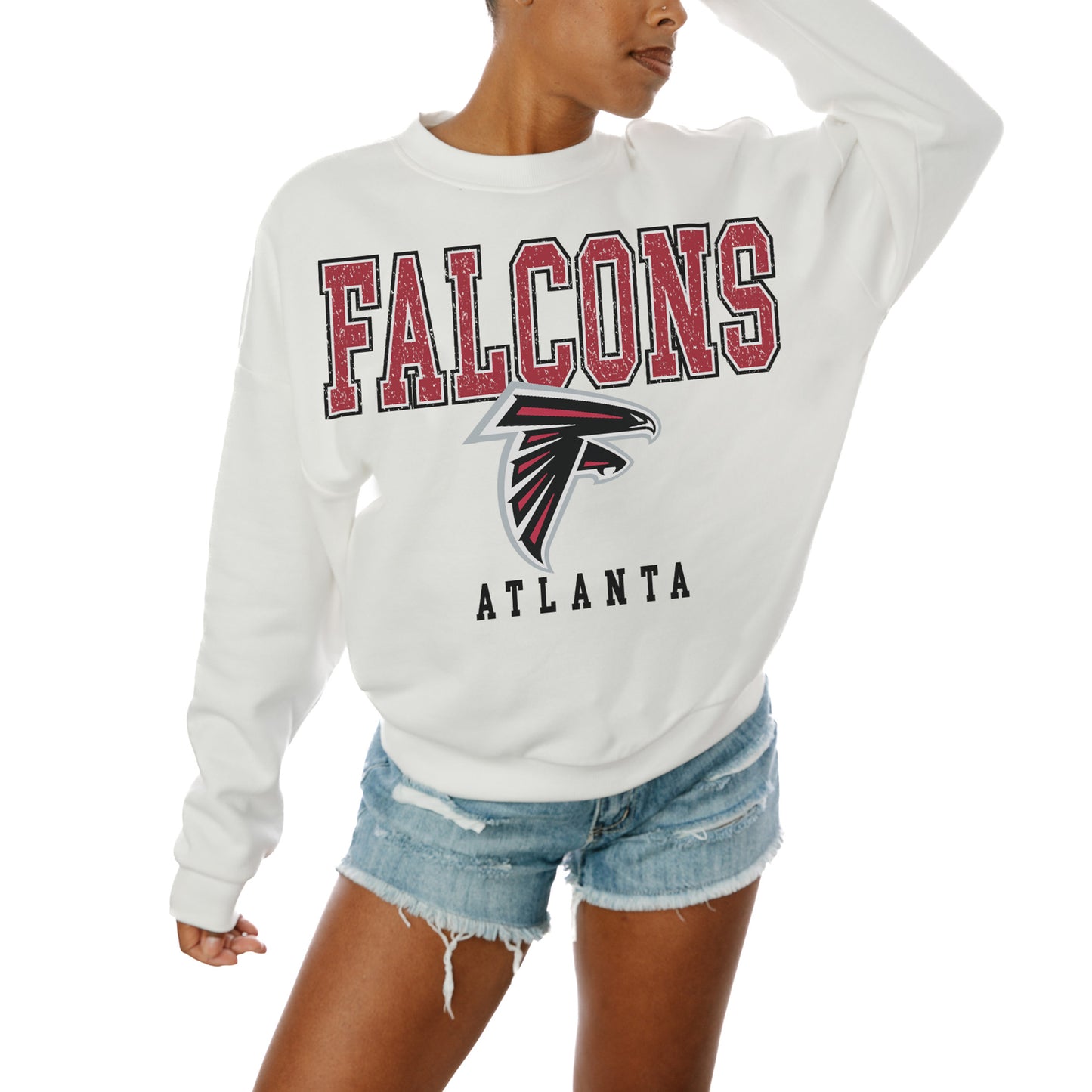Women's Gameday Couture White Atlanta Falcons Sunday Drives Oversized Crewneck Pullover Sweatshirt