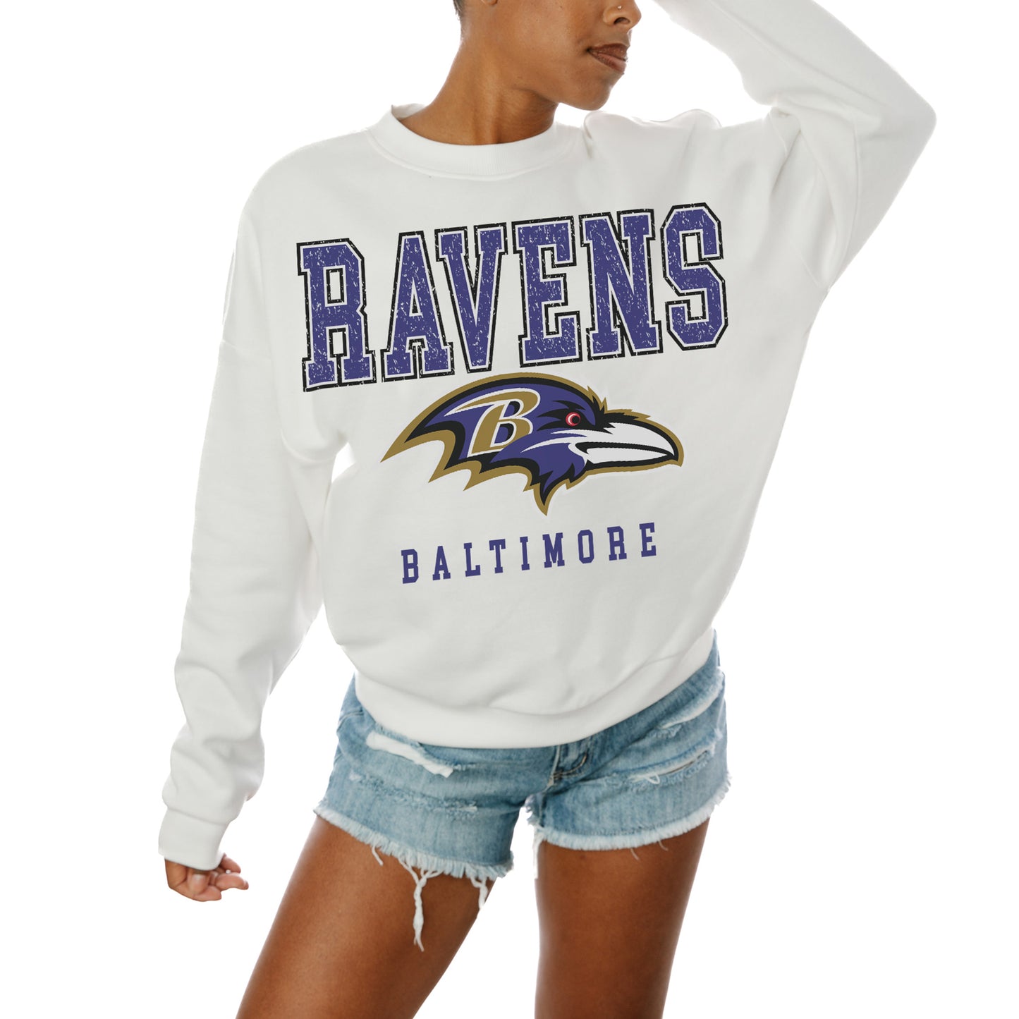 Women's Gameday Couture White Baltimore Ravens Sunday Drives Oversized Crewneck Pullover Sweatshirt
