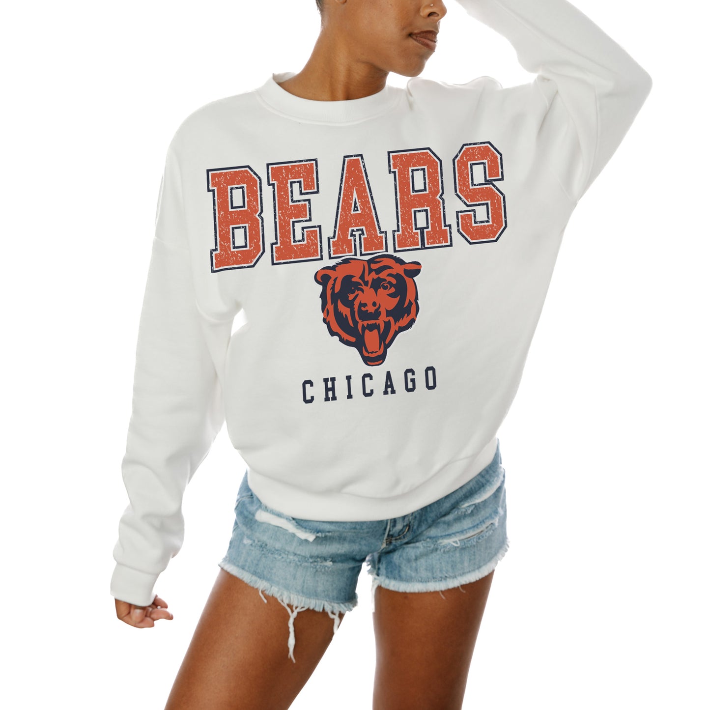 Women's Gameday Couture White Chicago Bears Sunday Drives Oversized Crewneck Pullover Sweatshirt