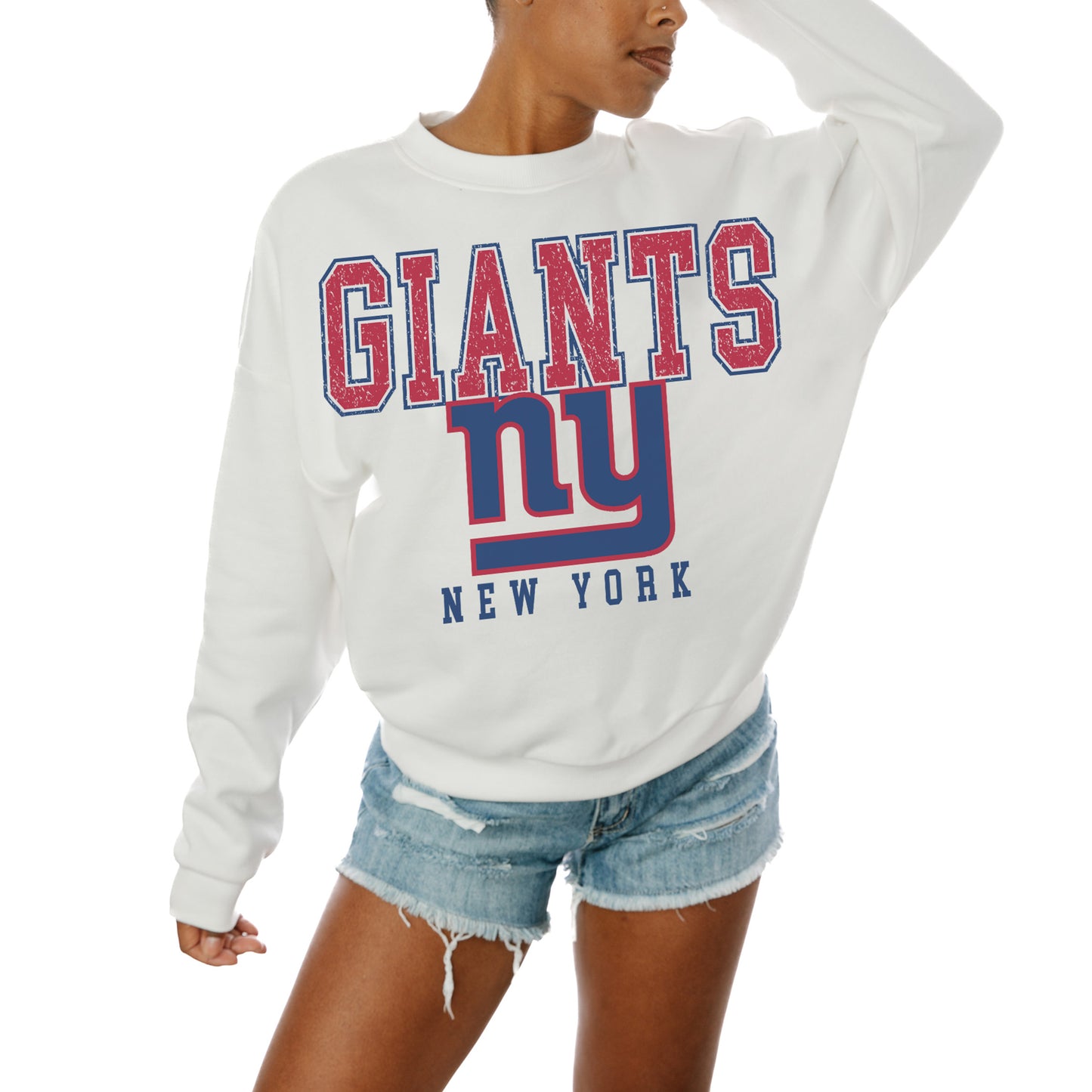 Women's Gameday Couture White New York Giants Sunday Drives Oversized Crewneck Pullover Sweatshirt