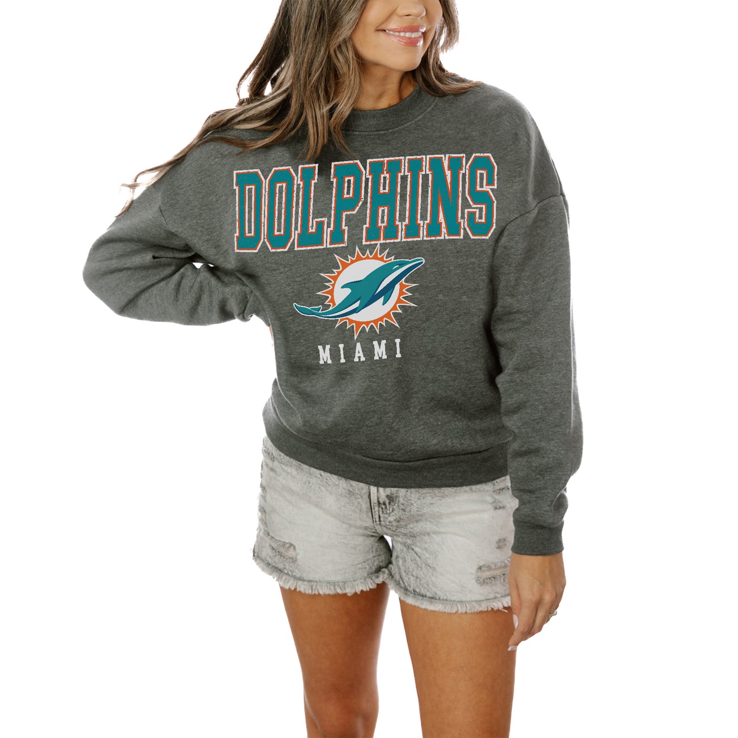 Women's Gameday Couture Charcoal Miami Dolphins Bring The Energy Pullover Sweatshirt