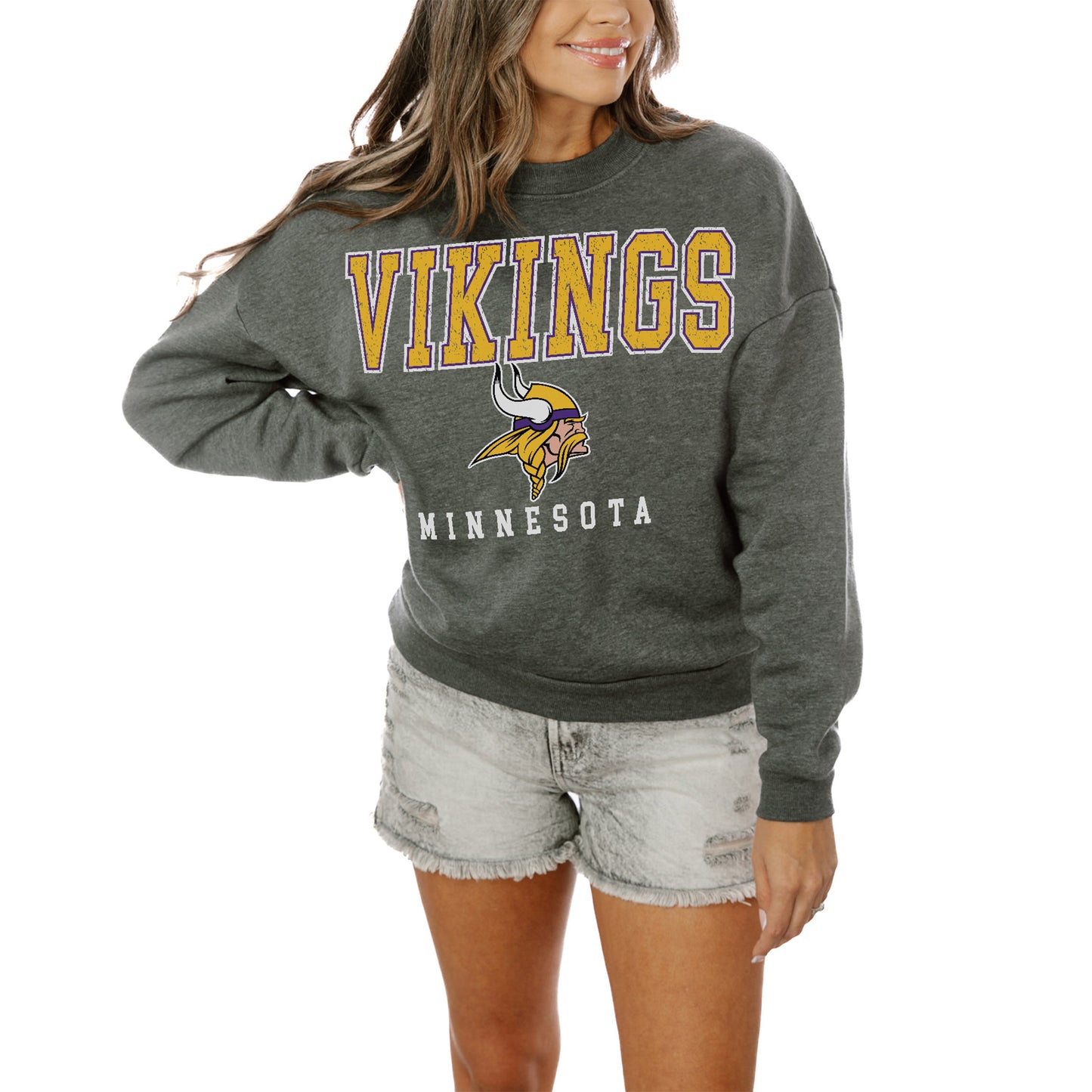 Women's Gameday Couture Charcoal Minnesota Vikings Bring The Energy Pullover Sweatshirt