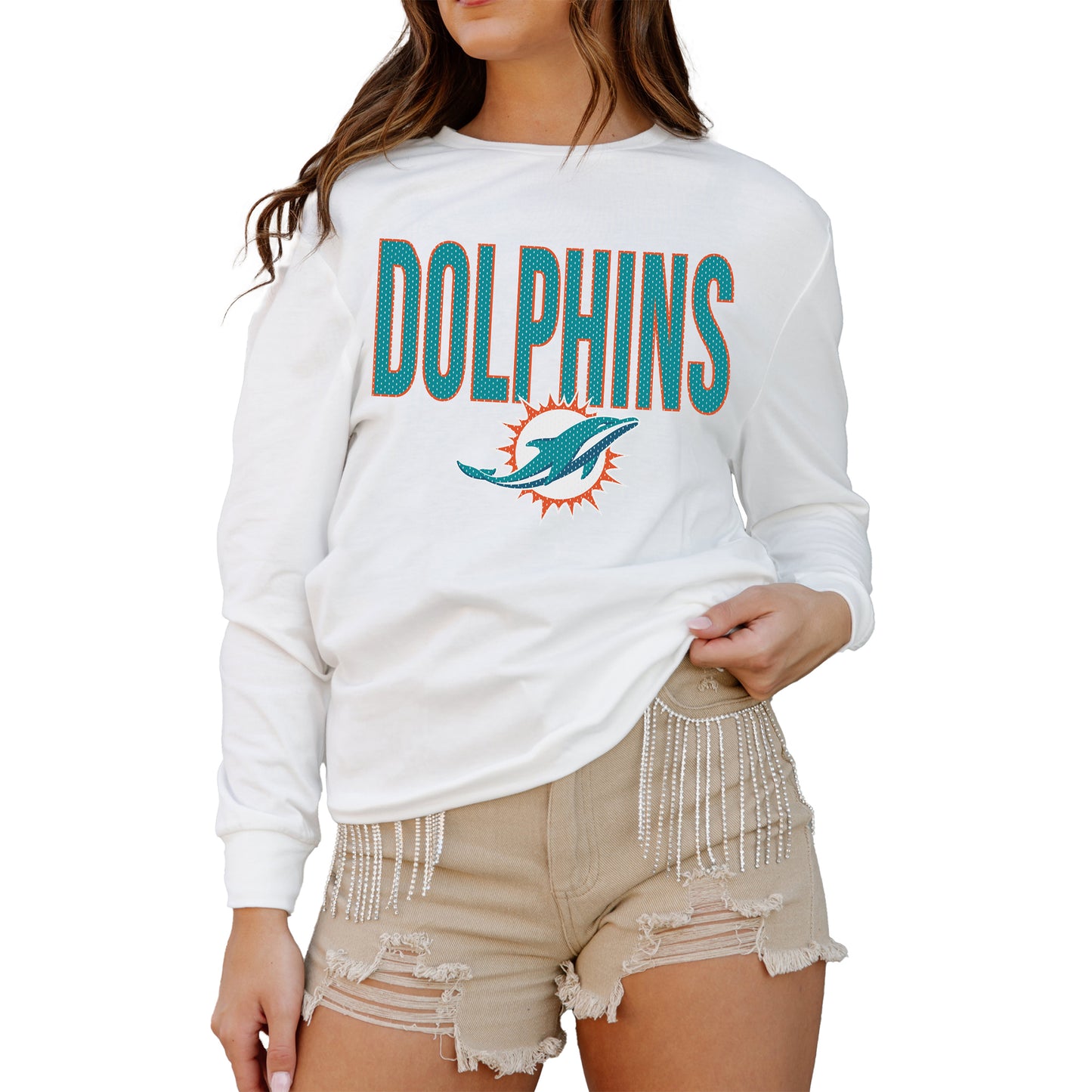 Women's Gameday Couture White Miami Dolphins Always Ready Drop Shoulder Long Sleeve T-Shirt