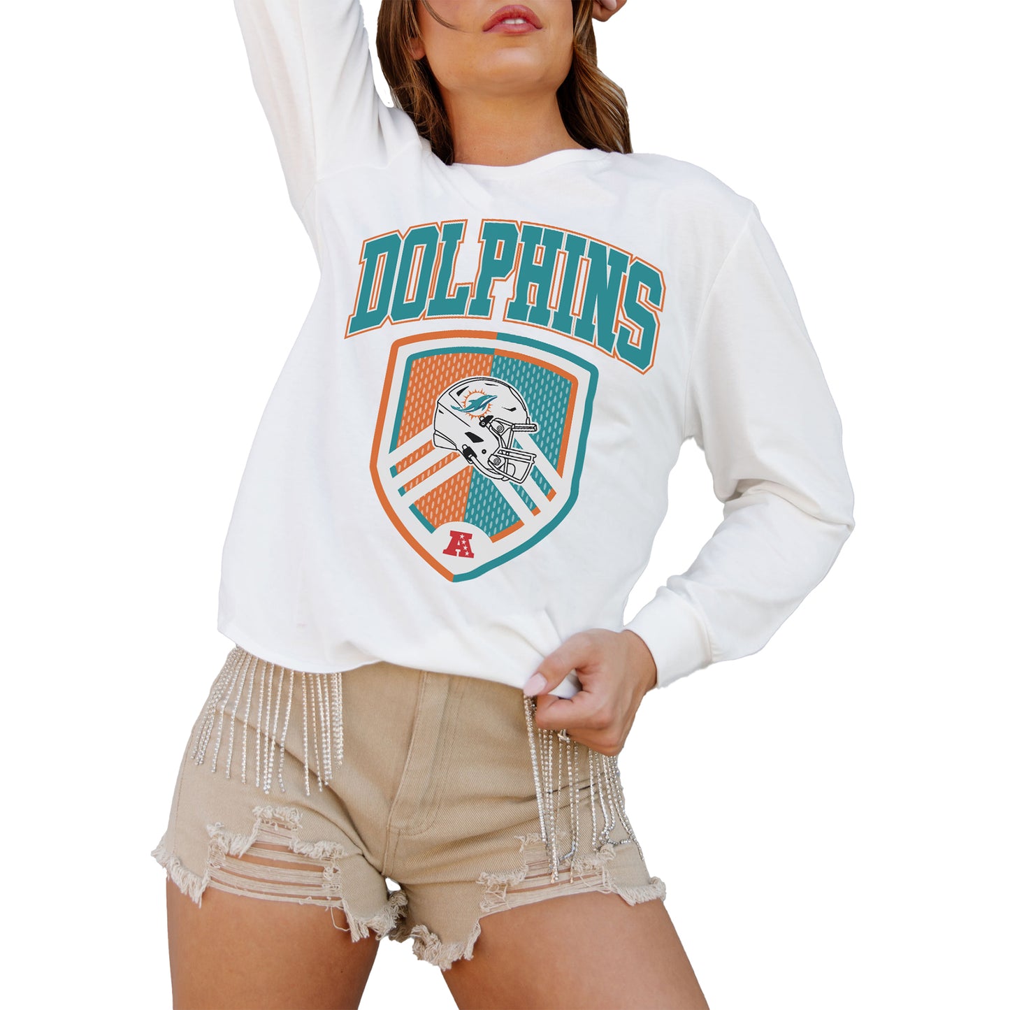 Women's Gameday Couture White Miami Dolphins Pushing The Limit Long Sleeve T-Shirt