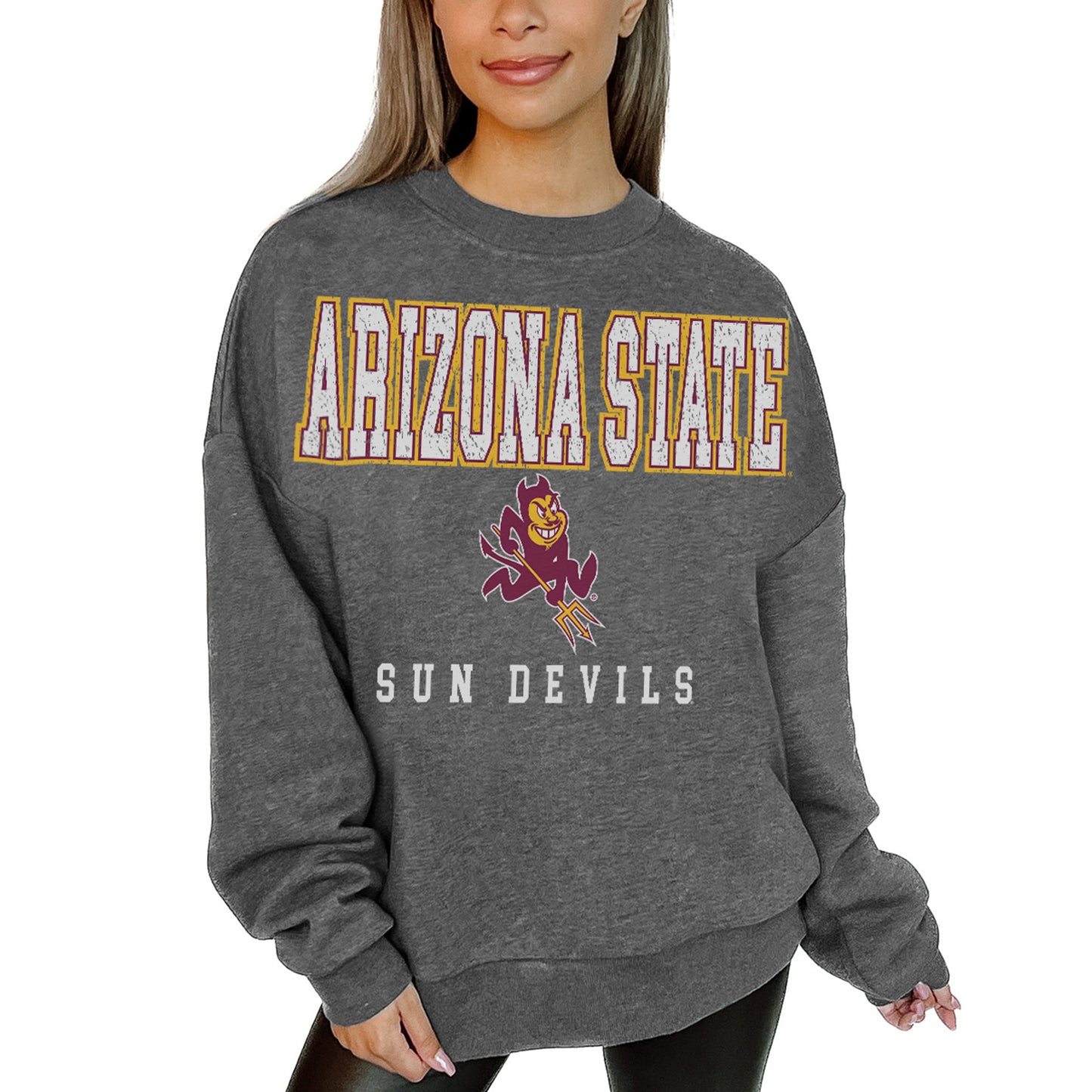 Women's Gameday Couture Heather Charcoal Arizona State Sun Devils Distressed Fleece Pullover Sweatshirt