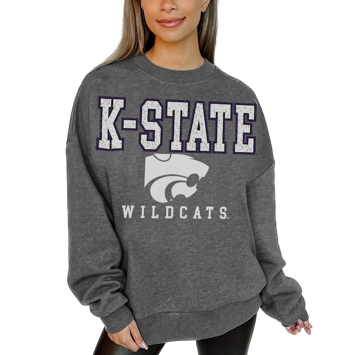 Women's Gameday Couture Heather Charcoal Kansas State Wildcats Distressed Fleece Pullover Sweatshirt