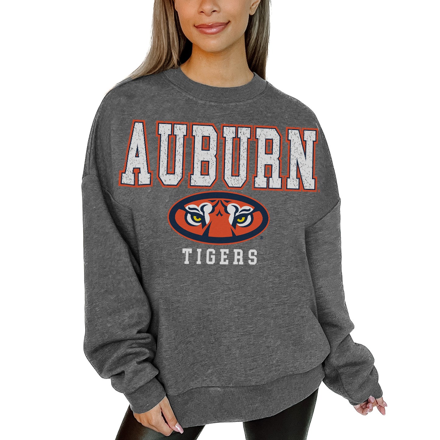 Women's Gameday Couture Heather Charcoal Auburn Tigers Distressed Fleece Pullover Sweatshirt
