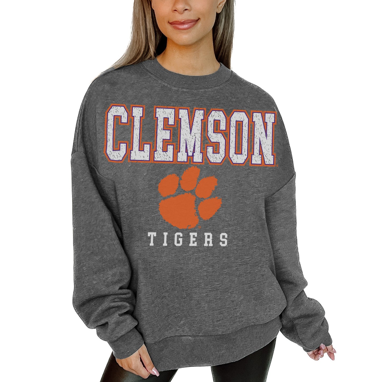 Women's Gameday Couture Heather Charcoal Clemson Tigers Distressed Fleece Pullover Sweatshirt