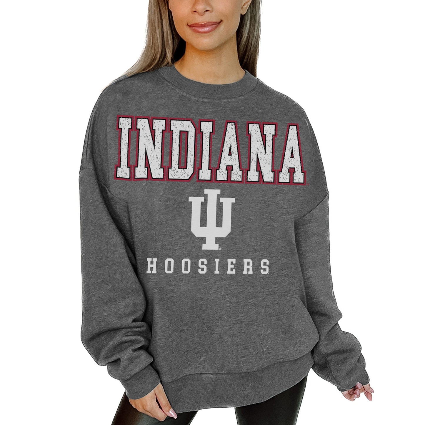 Women's Gameday Couture Heather Charcoal Indiana Hoosiers Distressed Fleece Pullover Sweatshirt