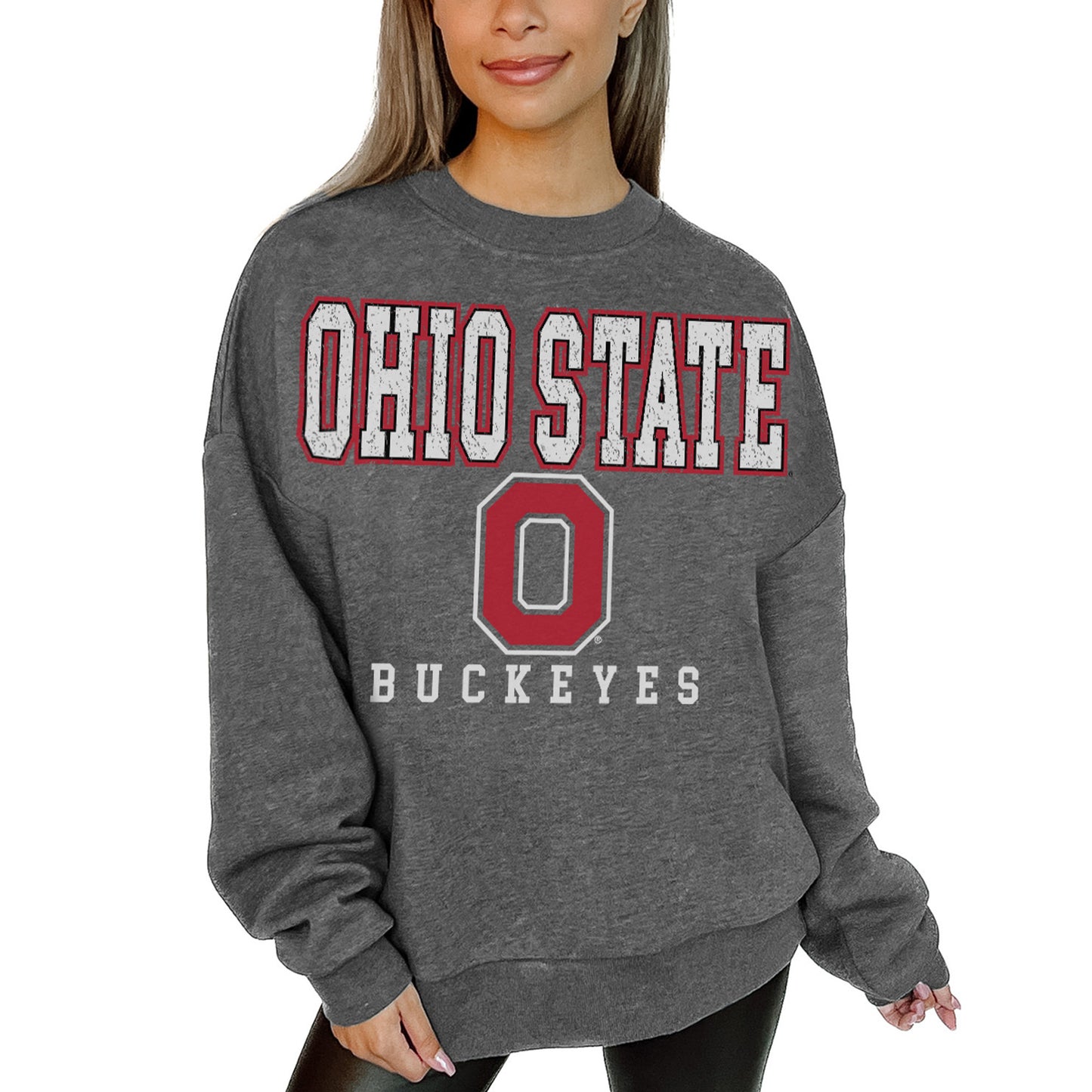 Women's Gameday Couture Heather Charcoal Ohio State Buckeyes Distressed Fleece Pullover Sweatshirt