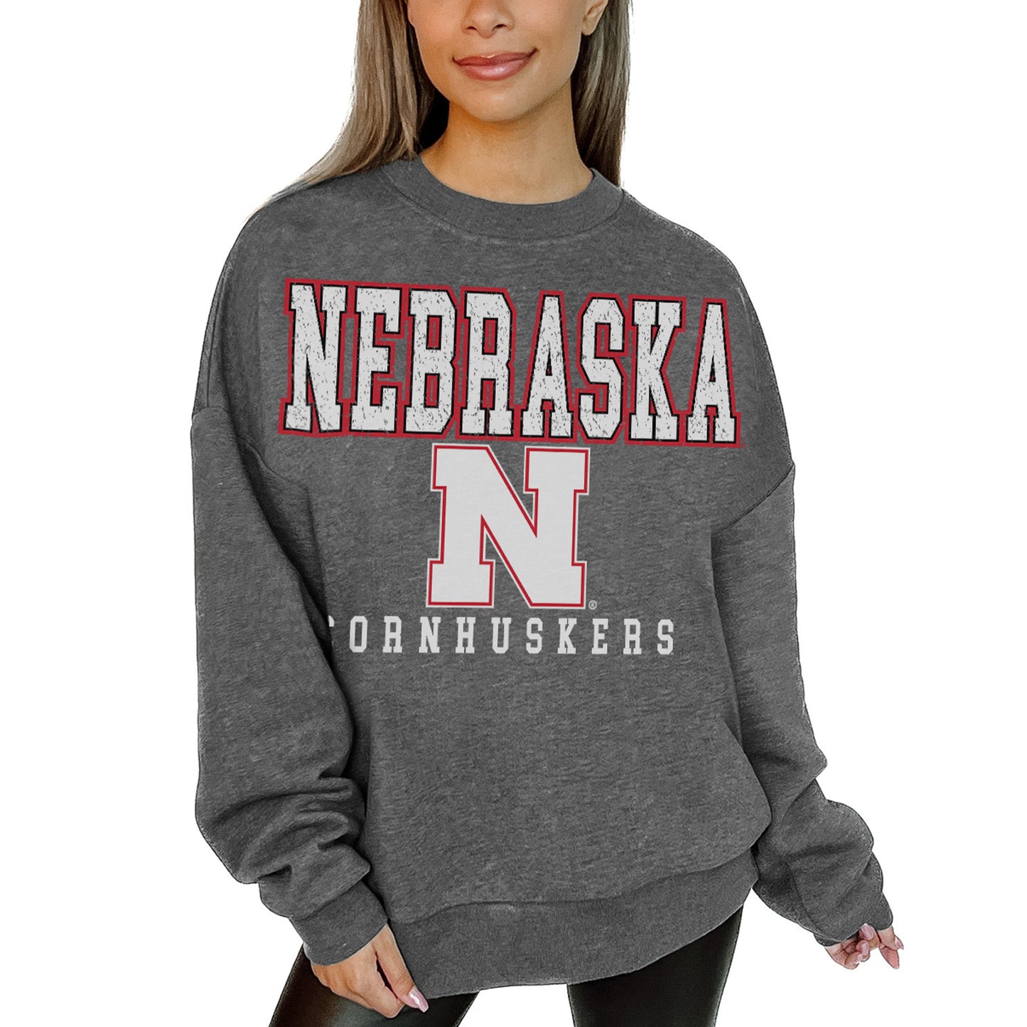 Women's Gameday Couture Heather Charcoal Nebraska Huskers Distressed Fleece Pullover Sweatshirt