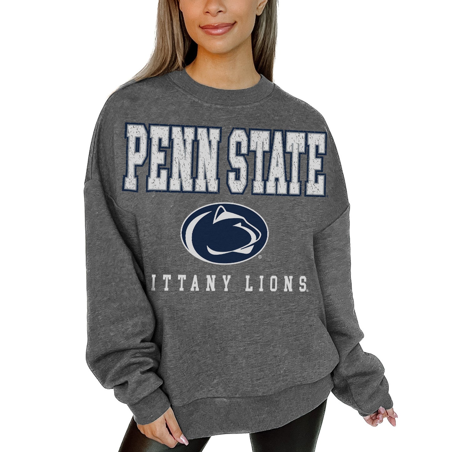 Women's Gameday Couture Heather Charcoal Penn State Nittany Lions Distressed Fleece Pullover Sweatshirt