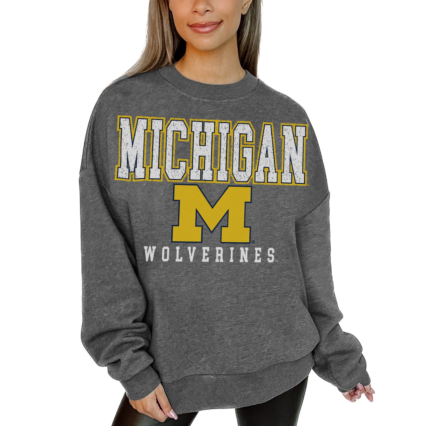 Women's Gameday Couture Heather Charcoal Michigan Wolverines Distressed Fleece Pullover Sweatshirt