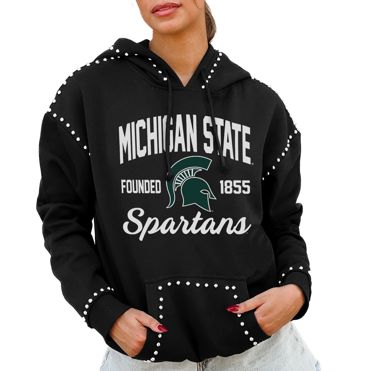 Women's Gameday Couture Black Michigan State Spartans Studded Pullover Hoodie