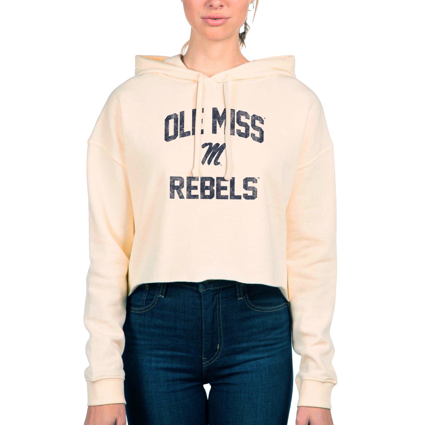 Women's Uscape Apparel Cream Ole Miss Rebels Fleece Cropped Pullover Hoodie