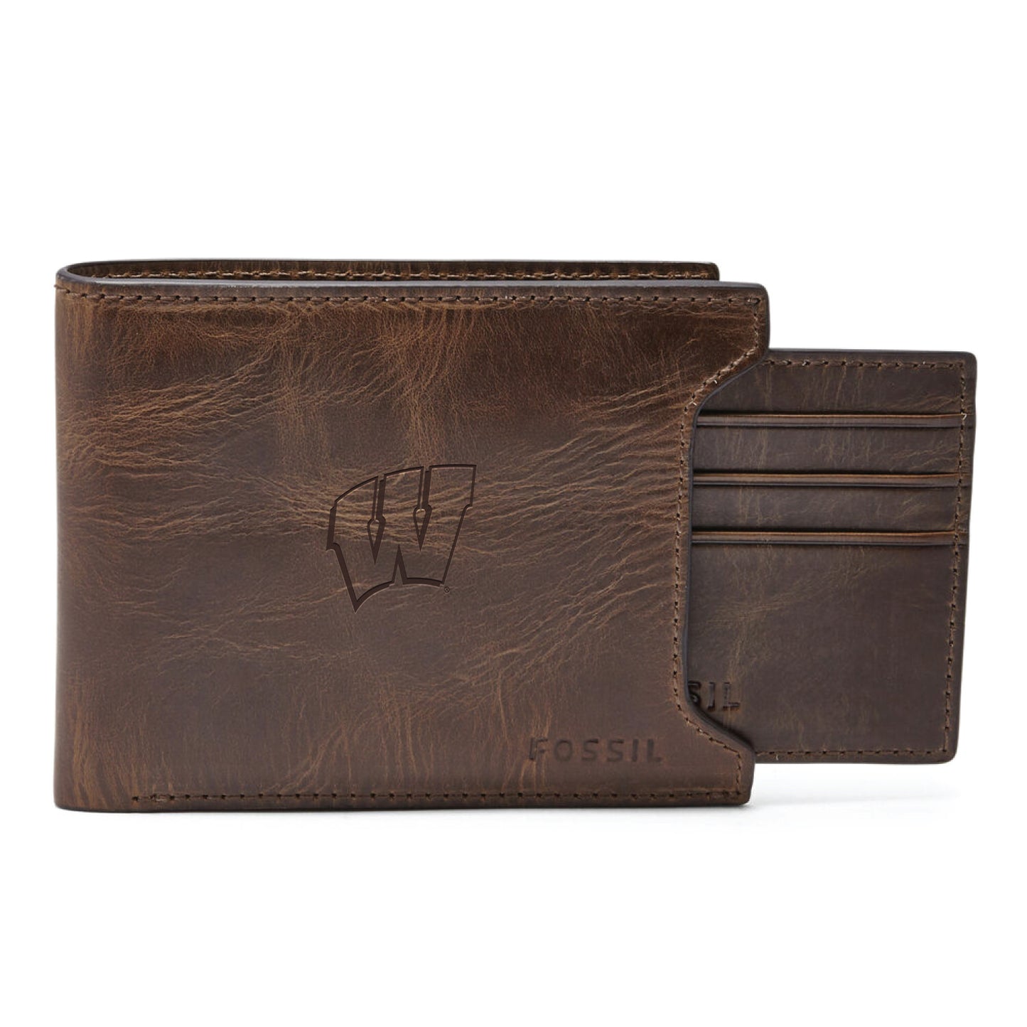 Men's Fossil Brown Wisconsin Badgers Derrick Sliding Two-In-One Wallet