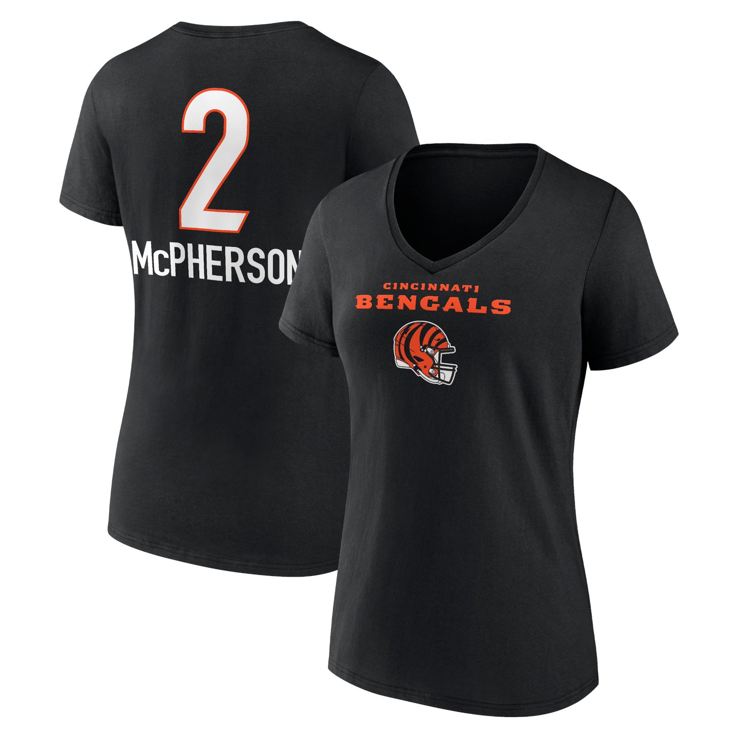 Women's Evan McPherson Black Cincinnati Bengals Team Wordmark Player Name & Number V-Neck T-Shirt