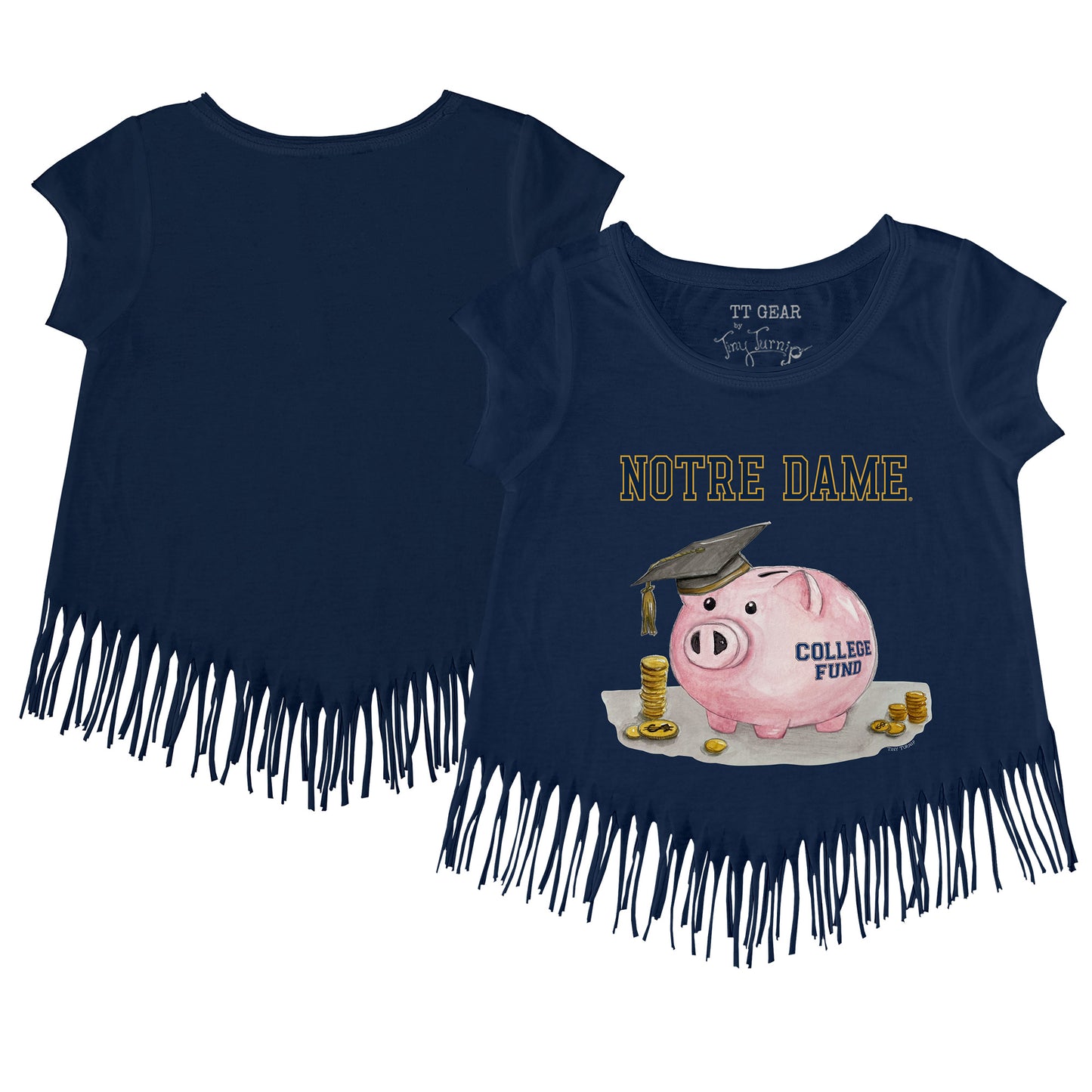 Toddler Tiny Turnip Navy Notre Dame Fighting Irish Piggy Bank Fringe T-Shirt