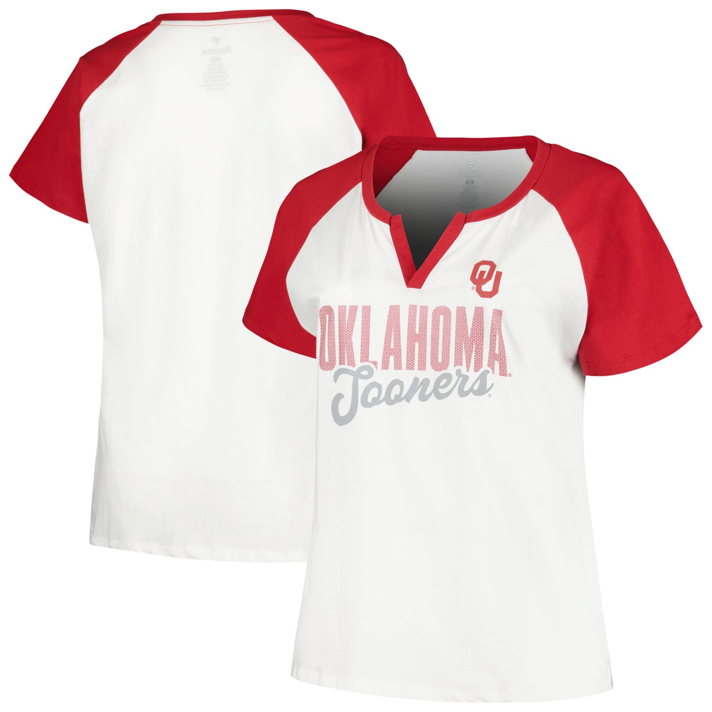 Women's Profile White/Crimson Oklahoma Sooners Plus Size Best Squad Shimmer Raglan Notch Neck T-Shirt